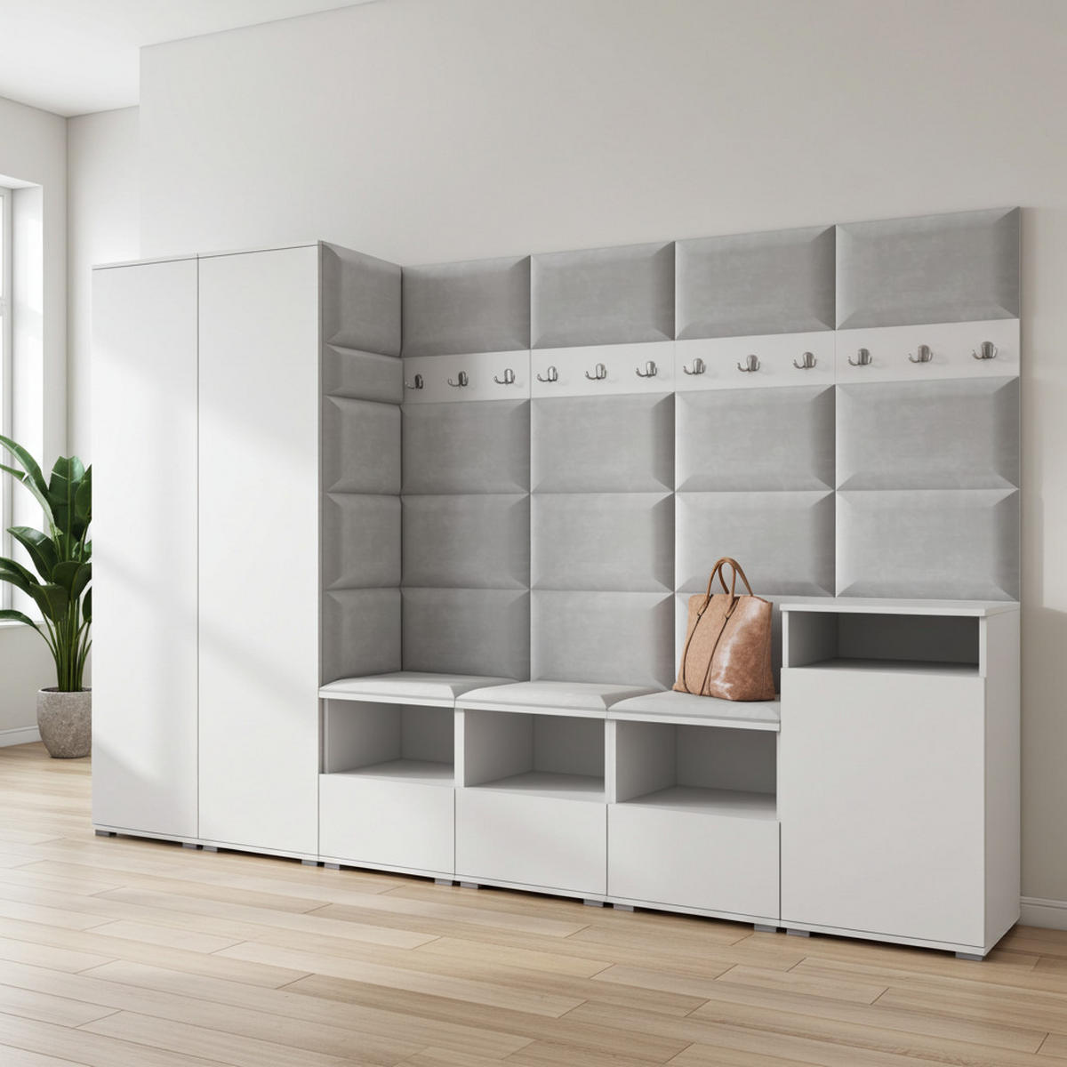 GARDEROBE NELA XII 300 cm (Modulare Flurmöbel Weiß mit Sitzpolster Hellgrau 32 Gigantisches Set) - Silberfarben/Hellgrau, Holz/Holzwerkstoff (300/187/40cm) - Ravio