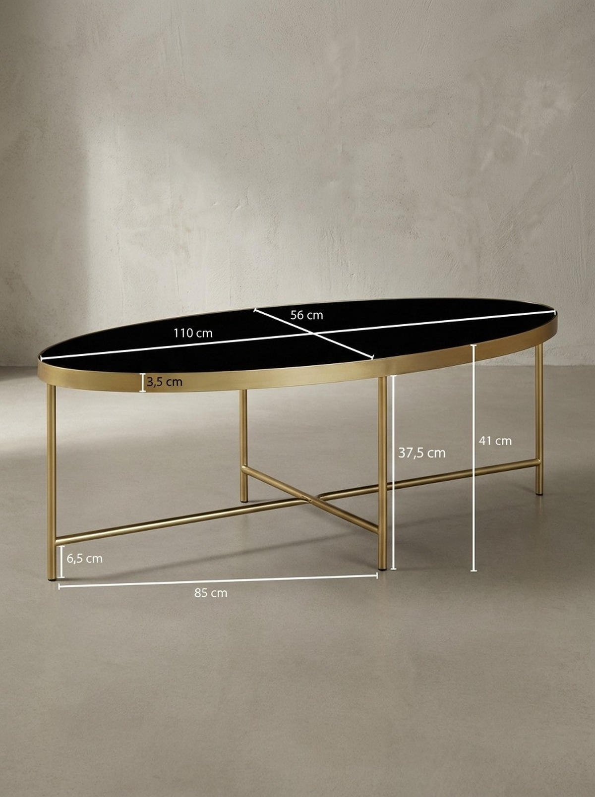 COUCHTISCH Oval in Schwarz/Gold, Glasplatte mit filigranem Metallgestell, Maße 110x56 cm - Goldfarben, Glas/Metall (56/110/40cm) - KADIMA DESIGN
