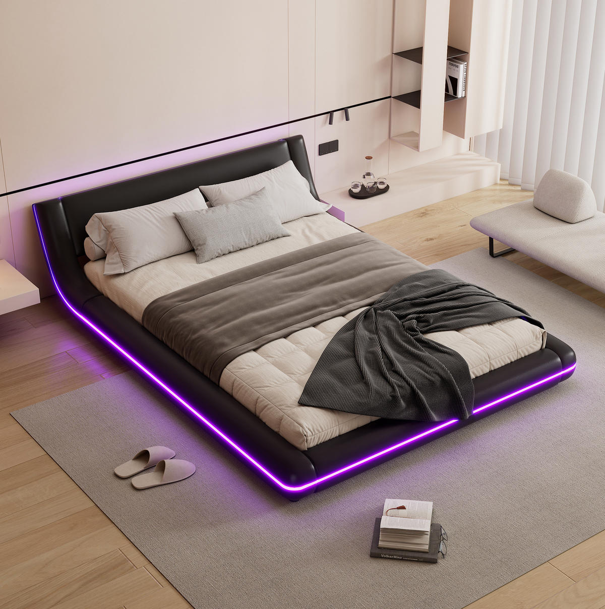 KREVET 140/200 cm s LED ambijentalnom rasvjetom, PU presvlakom i niskim profilom, Crna - crna, plastika (140/200cm) - Redom