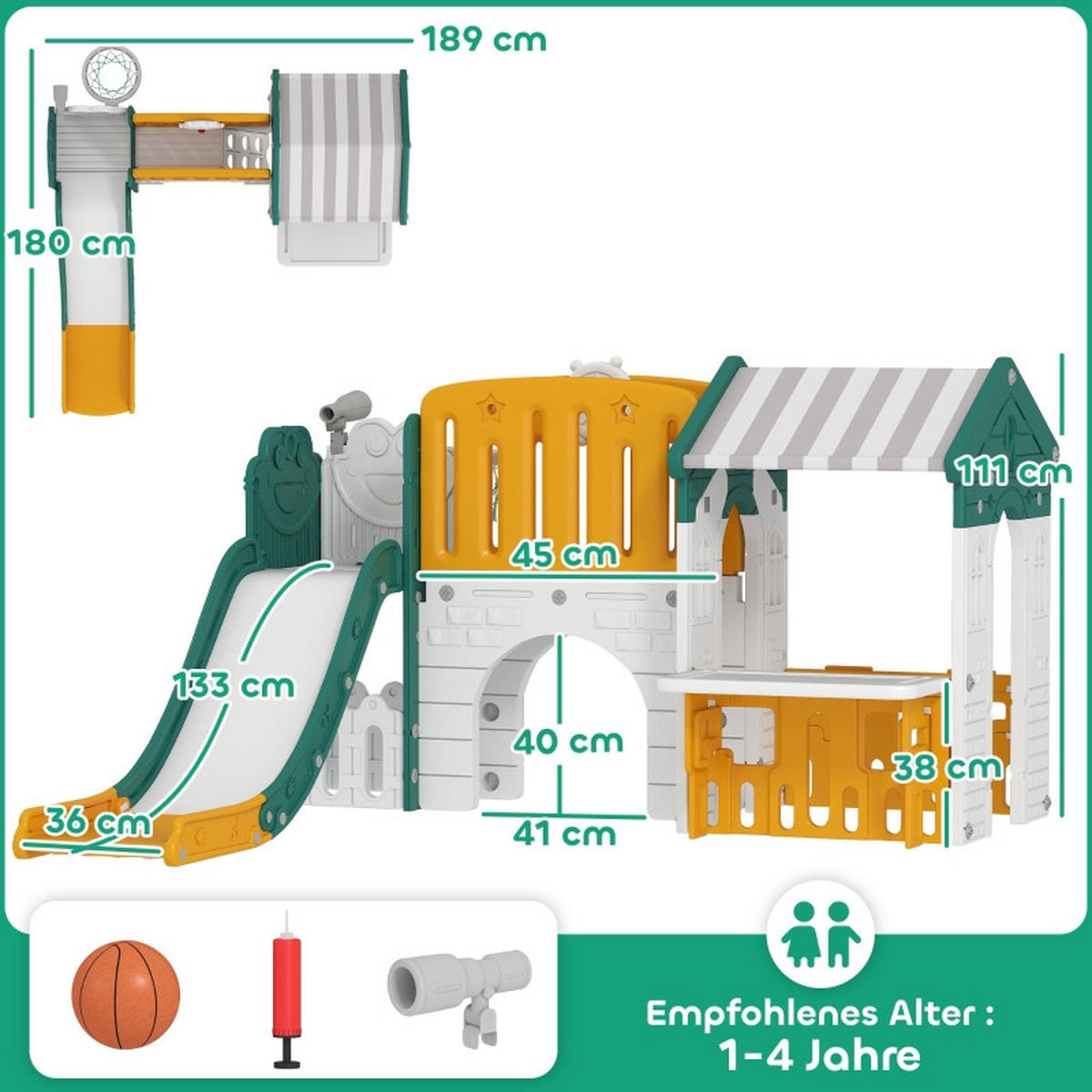 KINDERRUTSCHE 7-in-1 mit Klettergerüst und Basketballkorb für 1–4 Jahre Kunststoff Gelb/Grün - Gelb, Kunststoff (180/111/189cm) - Korfee