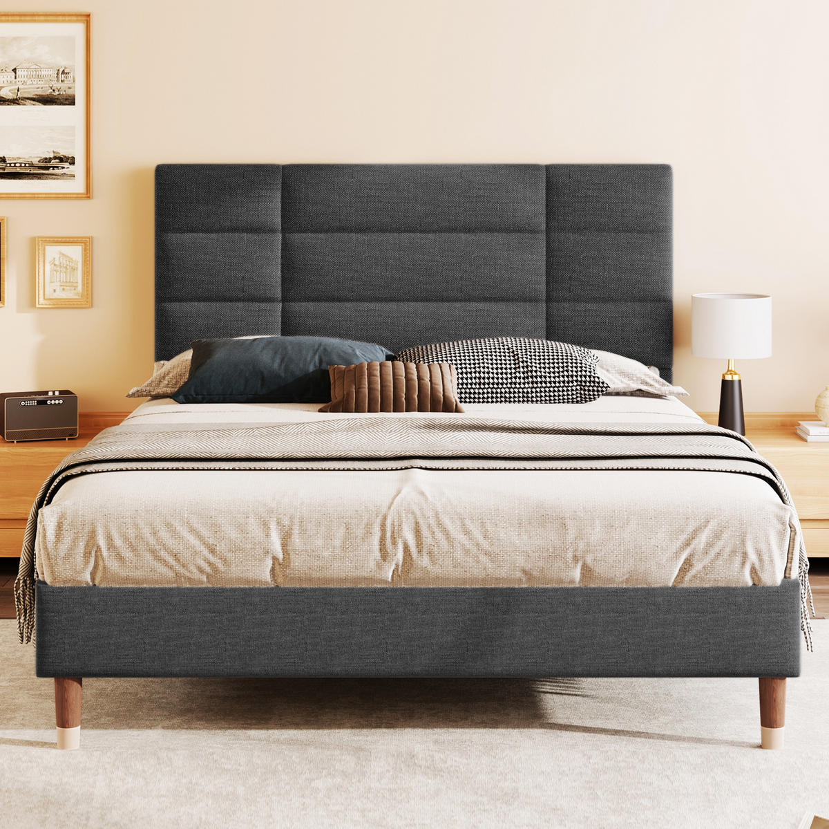 POLSTERBETT 140/200 cm Grau aus Leinen mit Lattenrost - Grau, Holz (140/200cm) - OKMYHOME