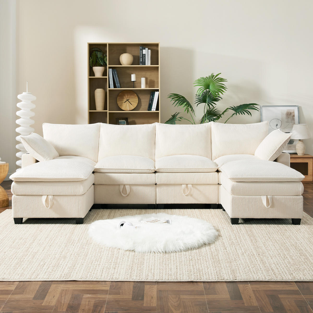 WOHNLANDSCHAFT Cord mit 2 Hockern und USB-Anschluss Stauraum 280/151/82 cm Beige - Beige, Kunststoff/Textil (82/280/151cm) - Redom