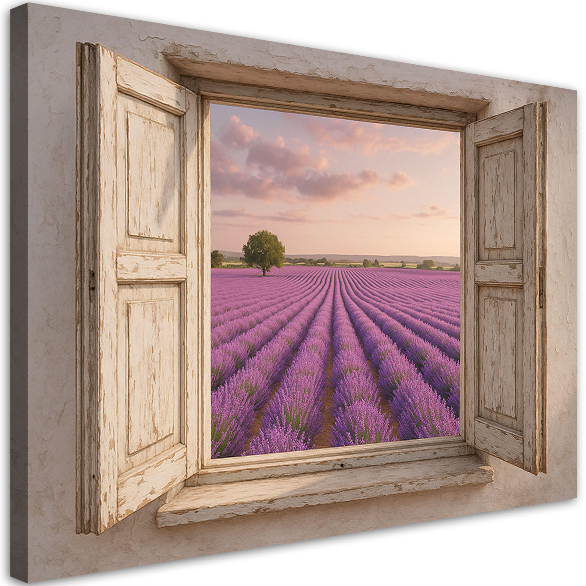 LEINWANDBILD Blick aus dem Fenster Lavendelfeld Shabby Chic 120x80cm - Beige, Textil (120/80cm) - Feeby