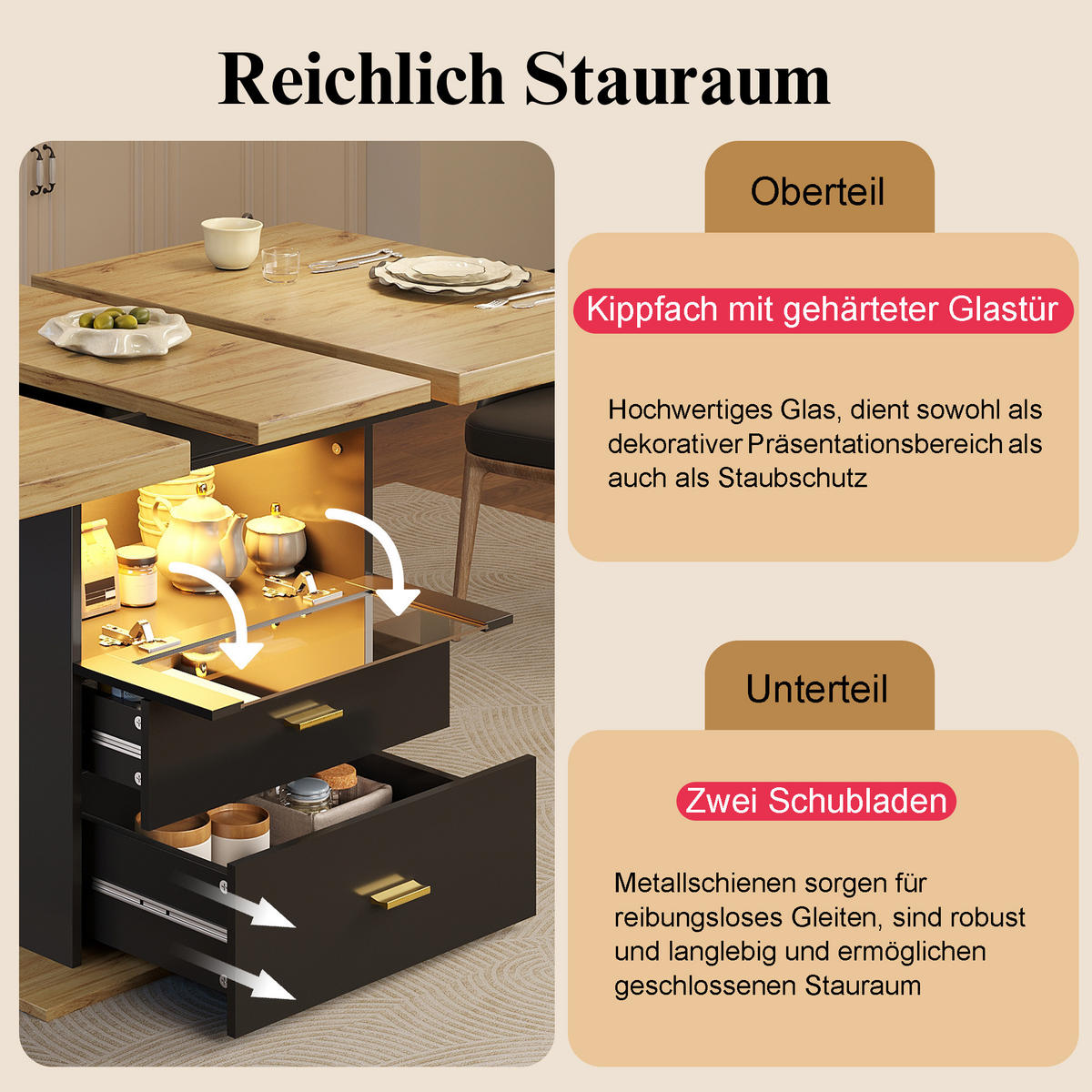 JÍDELNÍ STŮL 110-140x80cm ROZKLÁDACÍ LED 6 OSOB - přírodní, kov (80/110/75cm) - FLIEKS