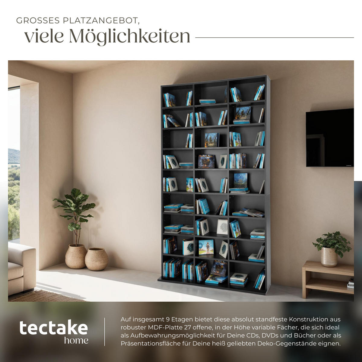 CD/DVD Regal Christel,180 x 102 x 23,5 cm,schwarz - Schwarz, Holz (23.5/180/102cm) - tectake