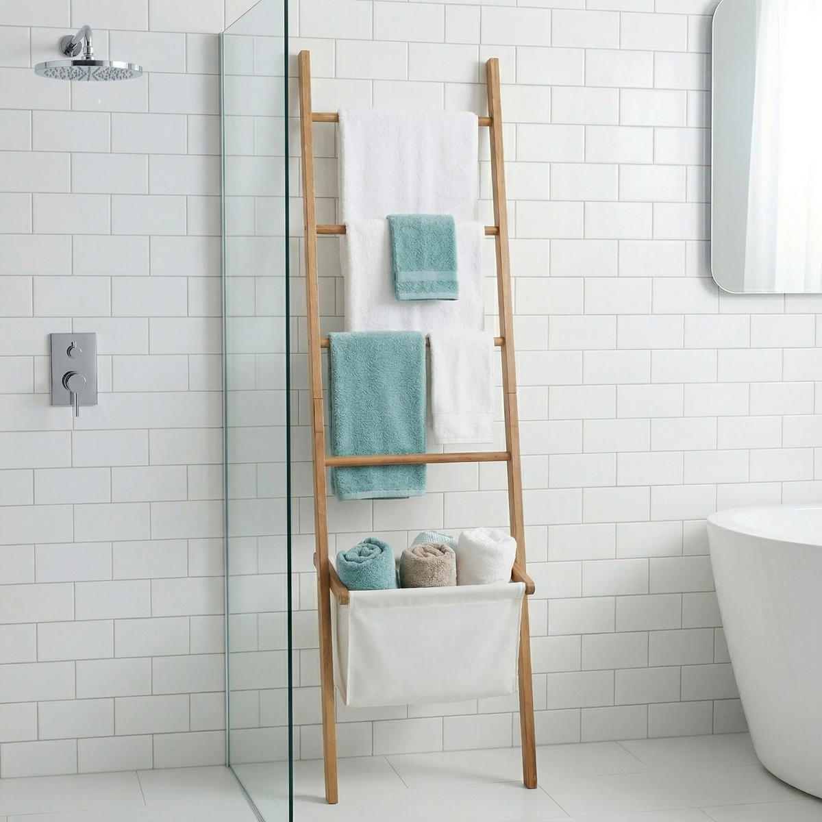 LESTEV Naravna bež za brisače s košem za perilo orehov les 4 prečke 170 cm - svetlo rjava, tekstil/les (50/170/21cm) - Relaxdays