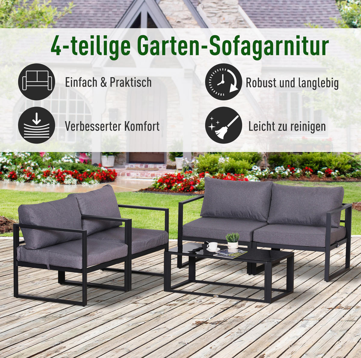 GARTENMÖBEL-SET 138/69/63 cm kombinierbar mit Sitzkissen und Tisch mit ESG-Glasplatte, Grau - Grau, Metall - Redom