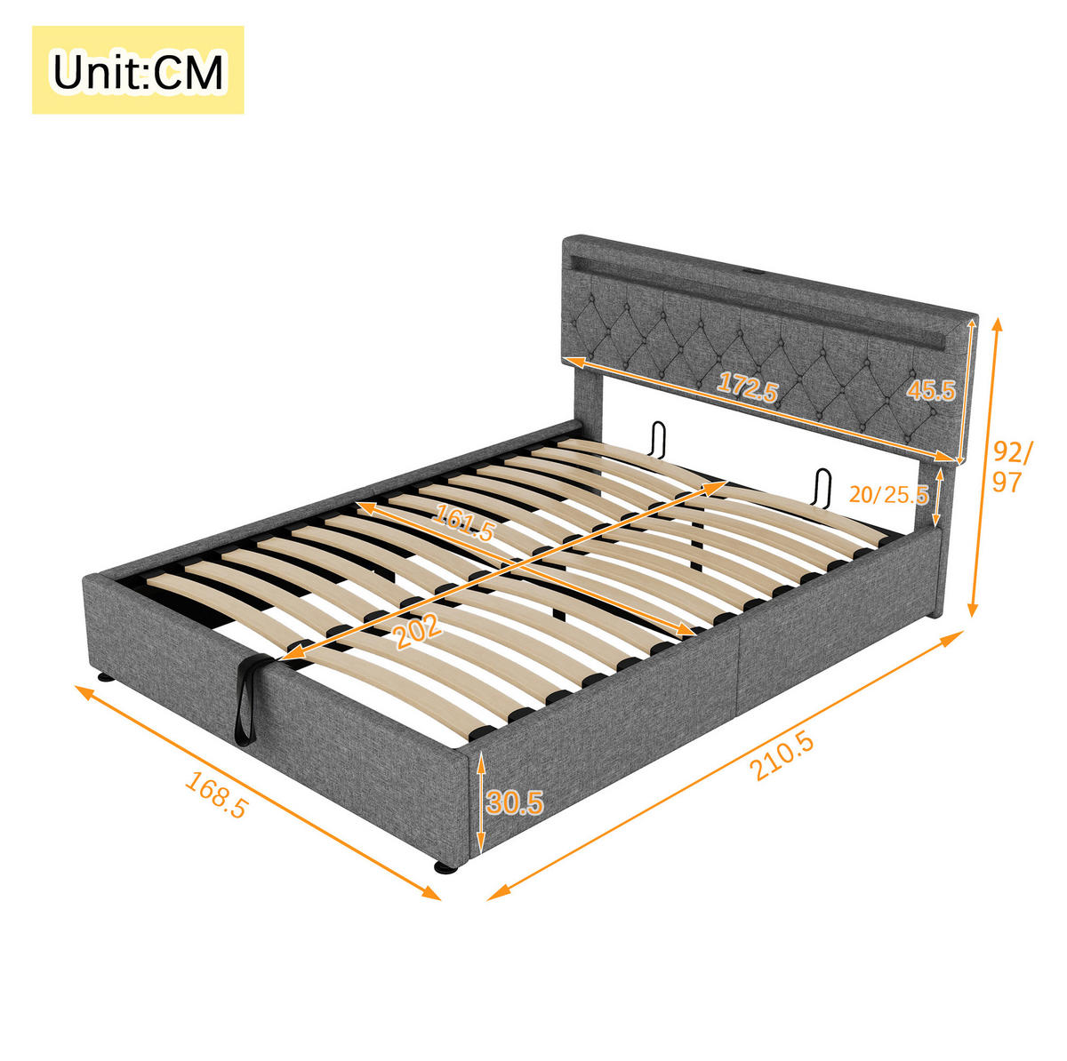 TAPECIRANI krevet 160/200 cm s LED osvjetljenjem, USB i USB-C priključcima te hidrauličnim spremištem, Siva - siva, tekstil (160/200cm) - Redom