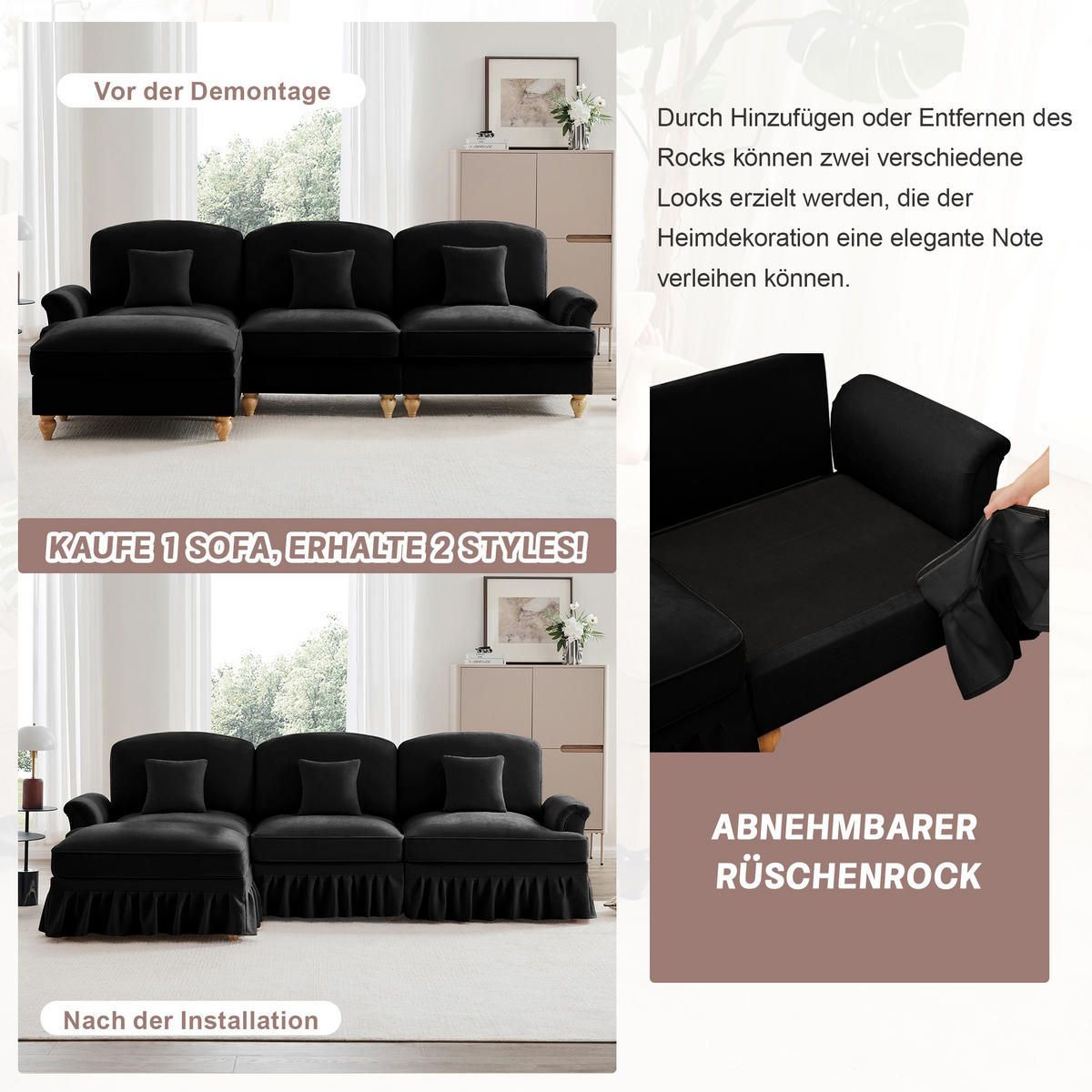 3-SITZER-SOFA DE-34092 mit abnehmbarem Volant Schwarz - Schwarz, Textil (83.5/93/272cm) - ComfortXL