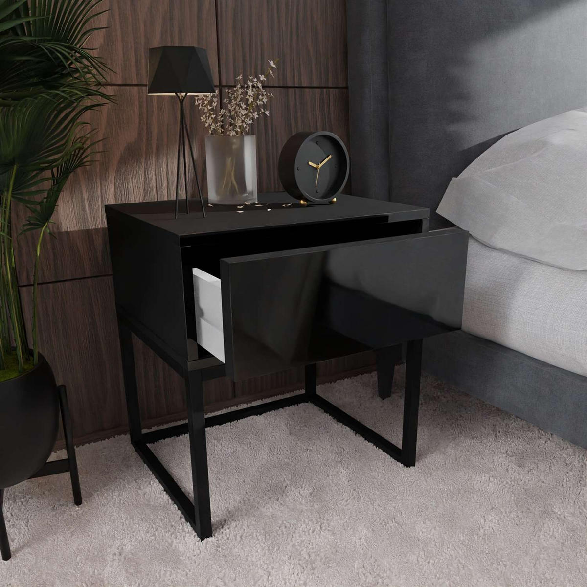 NACHTTISCH BLANCO LOFT Schwarz Hochglanz auf schwarzem Gestell - Schwarz Hochglanz, Holzwerkstoff (45/53/37cm) - Lookway