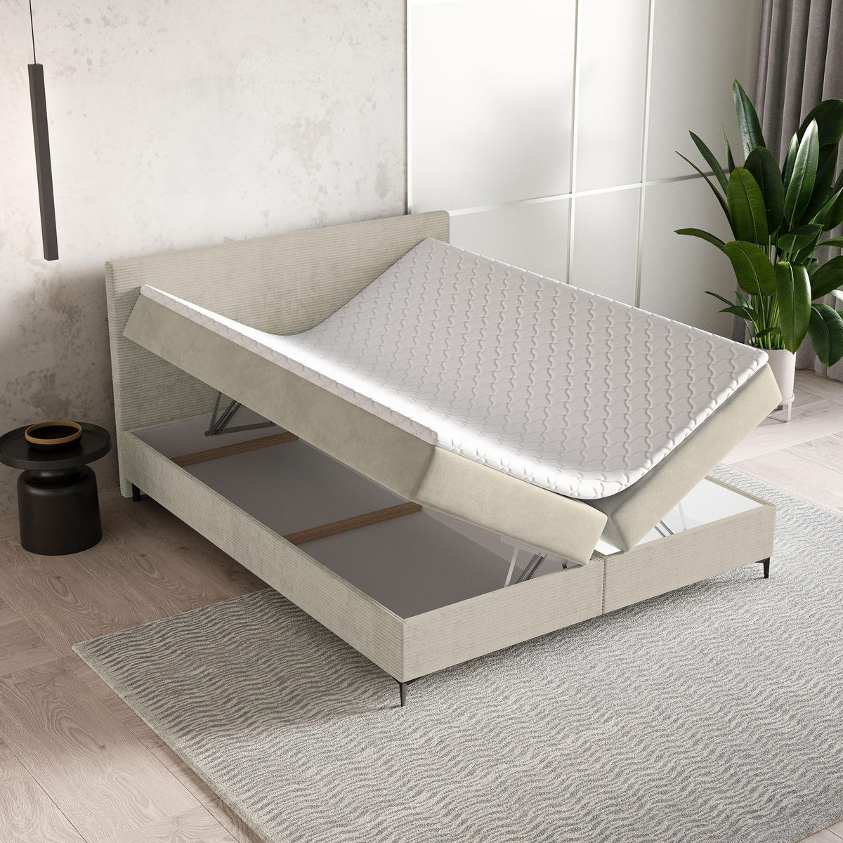 BOXBETT TORREL 160x200 cm mit Matratze und Topper - Creme - Creme, Holz (160/200cm) - MASSENO