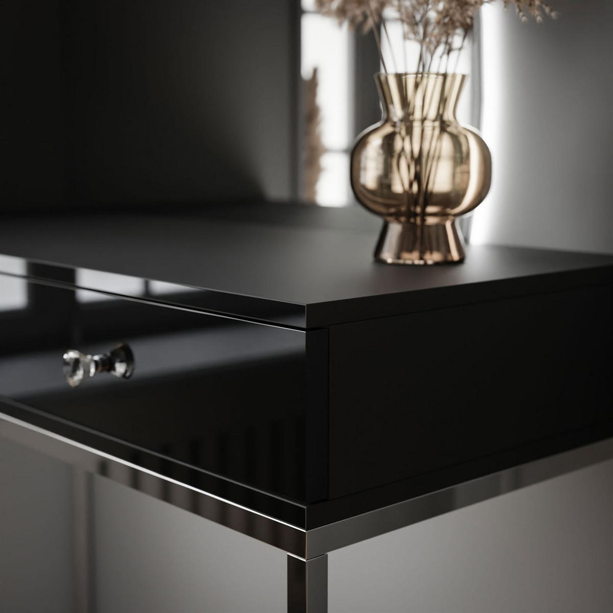 SCHMINKTISCH schwarz QUINNIE GLAMOUR mit LED-Spiegel rechts Griff Kristall - Silberfarben/Schwarz, Holzwerkstoff (100/176/42cm) - Lookway