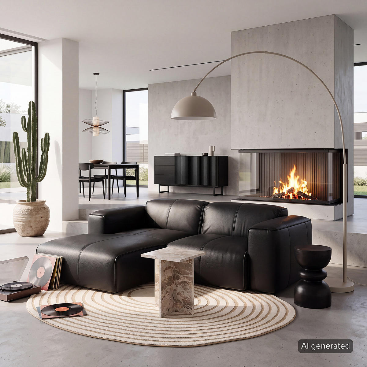 ECKSOFA mit XL-Longchair - Schwarz, Leder/Kunststoff (260/171cm) - home24