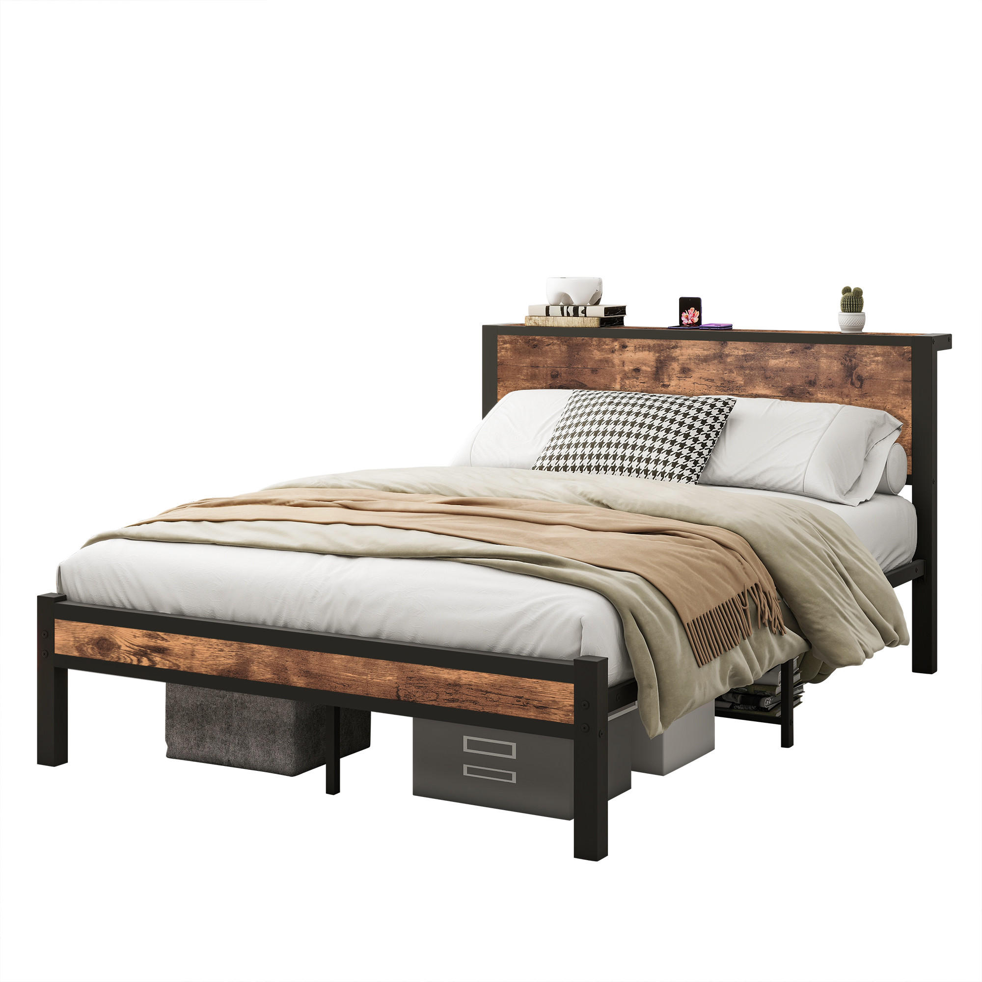 METALLBETT 140x200 cm Stauraum Kopfteil braun - Dunkelbraun, Holzwerkstoff (140/200cm) - LEBENLANG