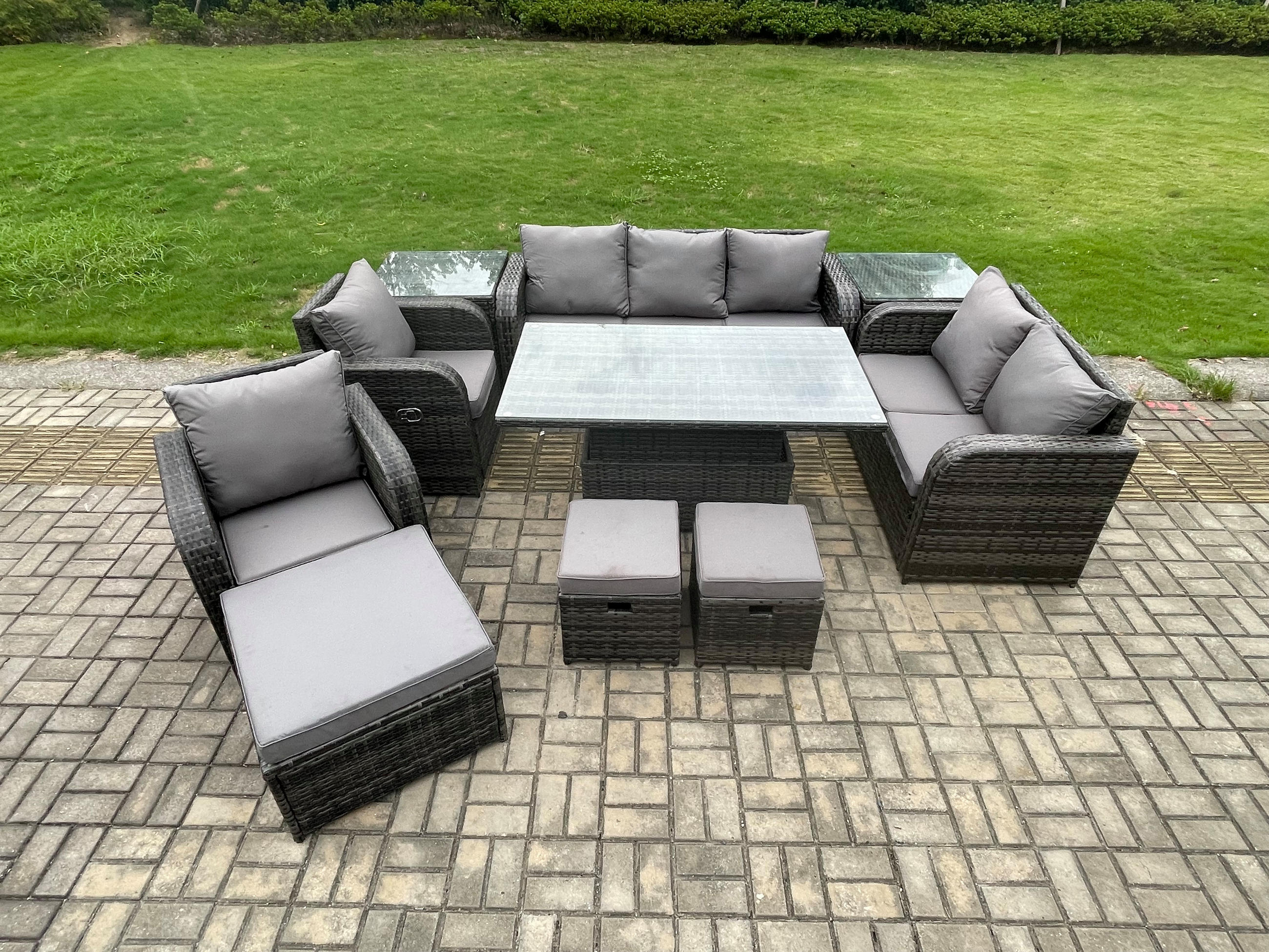GARTENSET Polyrattan 9-Sitzer - Dunkelgrau/Grau, Glas/Kunststoff - Fimous