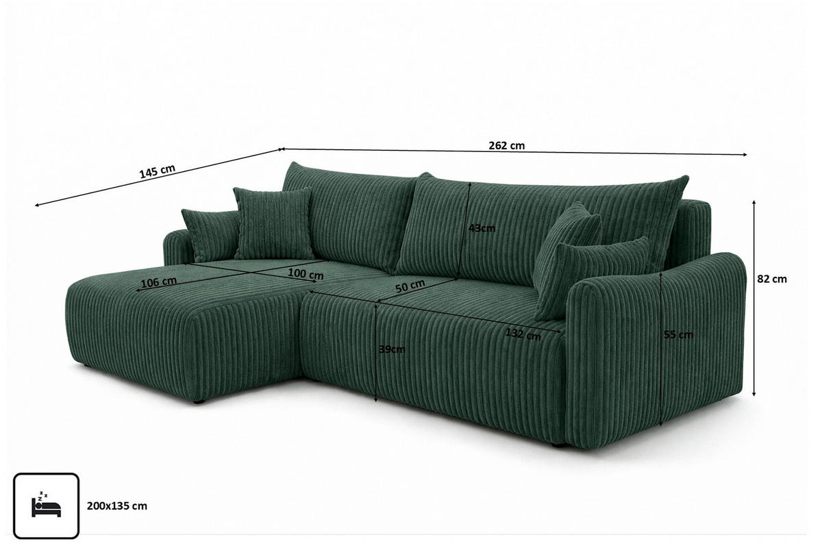 ECKSOFA Mit Schlaffunktion, Cordstoff Tilia, Grün, Links, JAPANDI - Grün, Holz (262/145cm) - Kaiser Möbel
