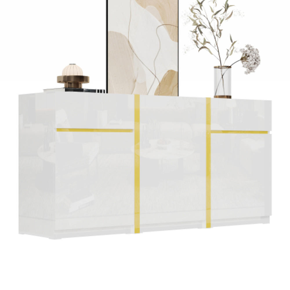 SIDEBOARD mit Goldverzierungen weiß Hochglanz 160×40×78 cm aus Spanplatte und MDF - Weiß, Holzwerkstoff (160/78/40cm) - Luhomfu