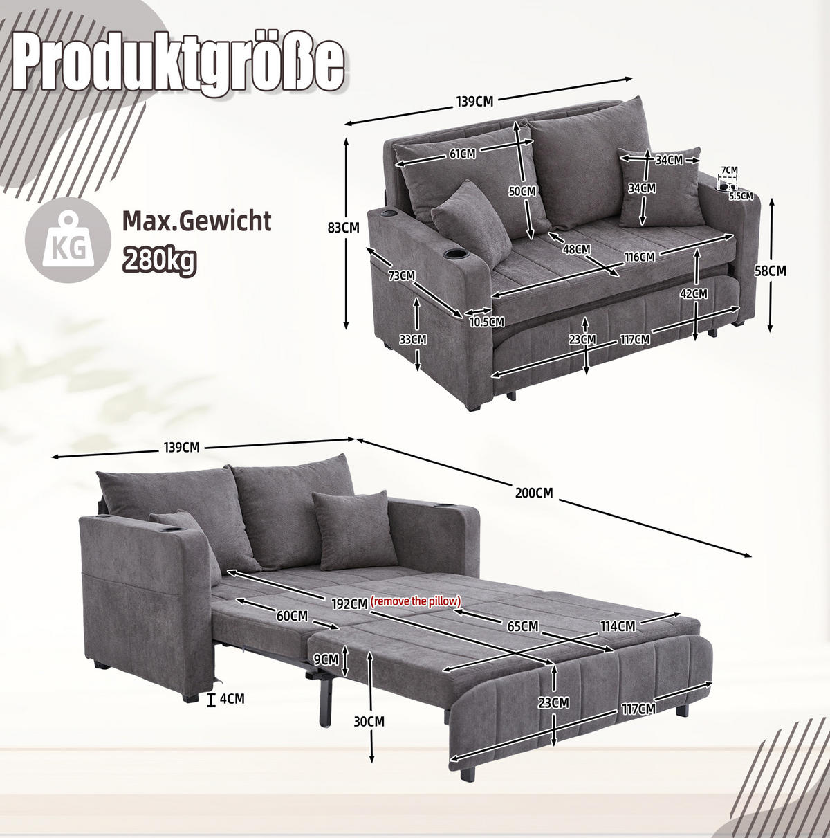 SCHLAFSOFA 136/200 cm aus Chenille mit Ausziehfunktion, Armlehnentaschen und 4 Kissen, Grau - Grau, Textil (139/83/73cm) - Redom