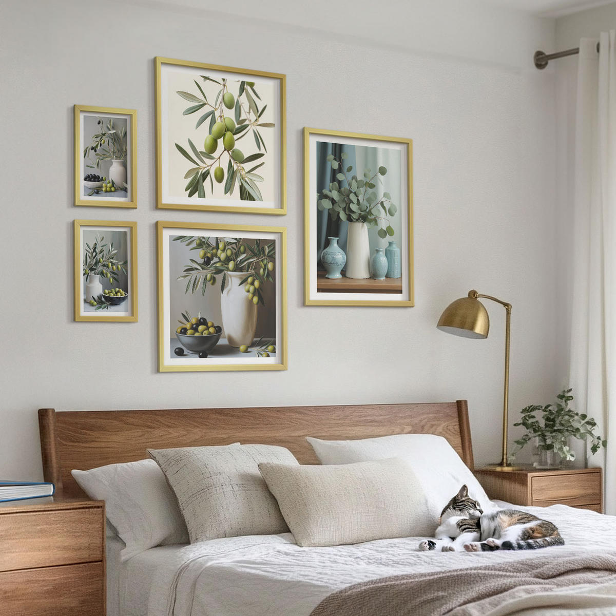 BILDER SET 5er Set - 50x50 cm & 20x30 cm & 40x60 cm Goldrahmen - Oliven in Vasen in gedeckten Farben - Goldfarben, Kunststoff (40/60cm) - TULUP