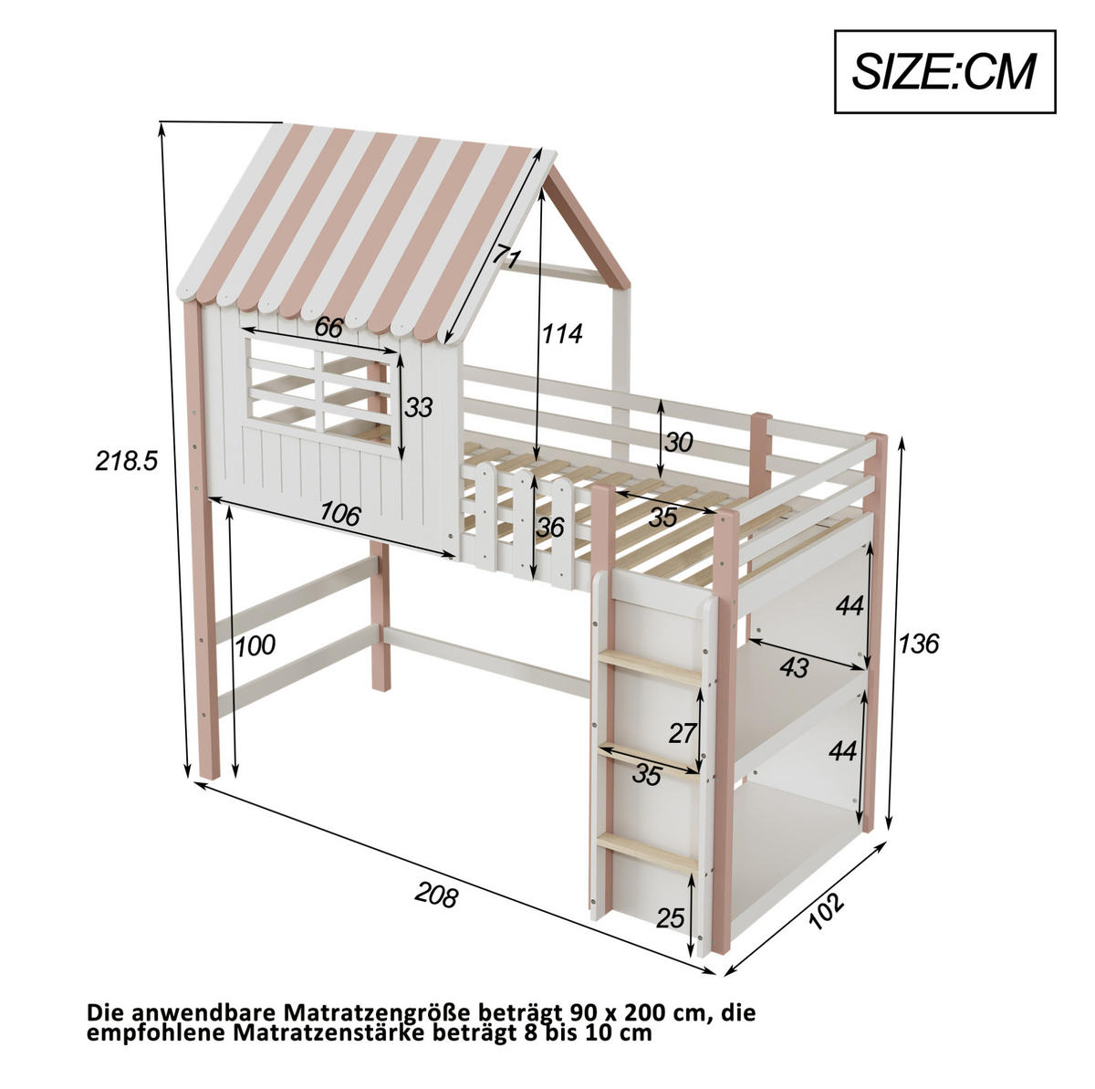HOCHBETT 90/200 cm Rosa Hausbett mit Sicherheitsleiter und Stauraum - Pink, Holz (90/200cm) - OKWISH