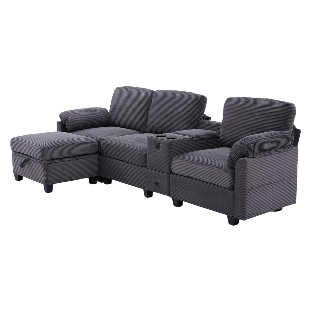 ECKSOFA aus Cord 266x136x82 cm Dunkelgrau mit USB-C-Anschluss, verschiebbarer Mittelkonsole und Stauraumhocker - Dunkelgrau, Textil (136/266cm) - Modfu