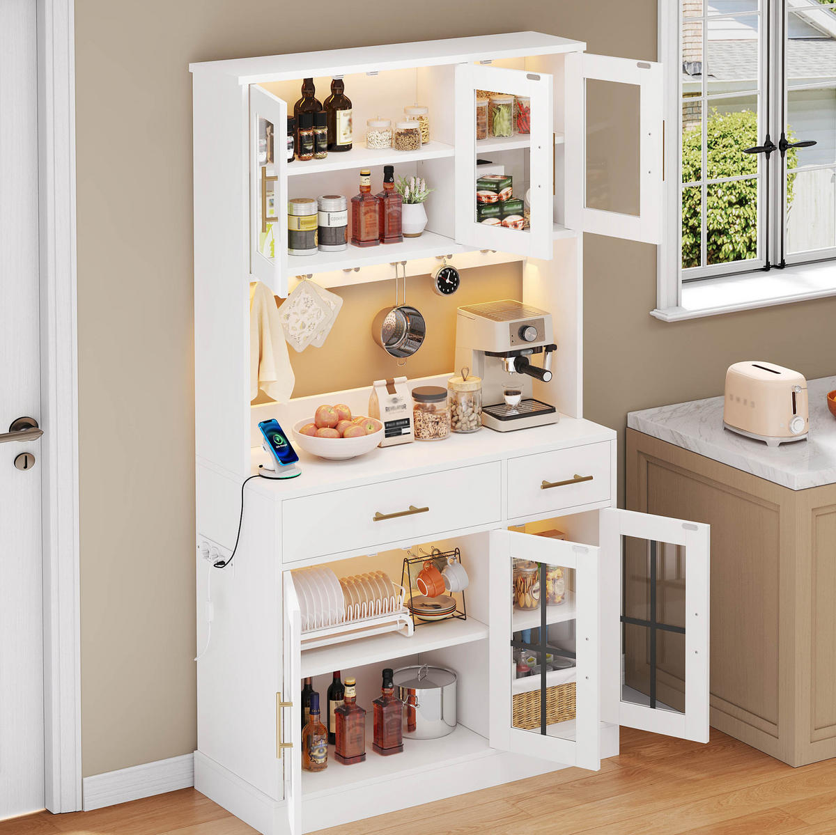 BUFFET aus MDF 100x40x180 cm Weiß mit LED-Lichtleisten, 6 Türen und 2 Schubladen - Weiß, Holzwerkstoff (100/180/40cm) - Modfu