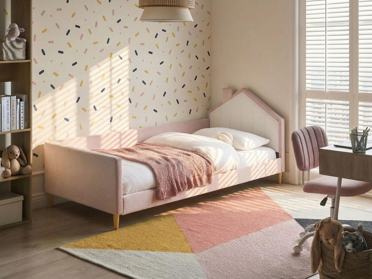 PAT PENTRU COPII Haus catifea 90/200 cm roz Kervan - roz aprins, material textil (90/200cm) - Beliani