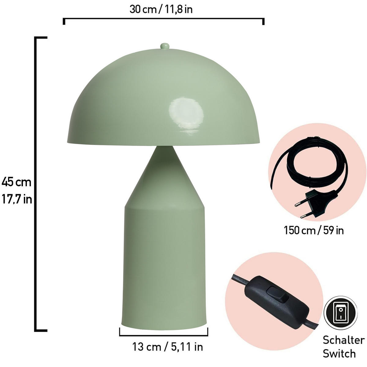 TISCHLEUCHTE Pilzlampen 50/30 - Mintgrün, Metall (50/30/50cm) - Bamyum