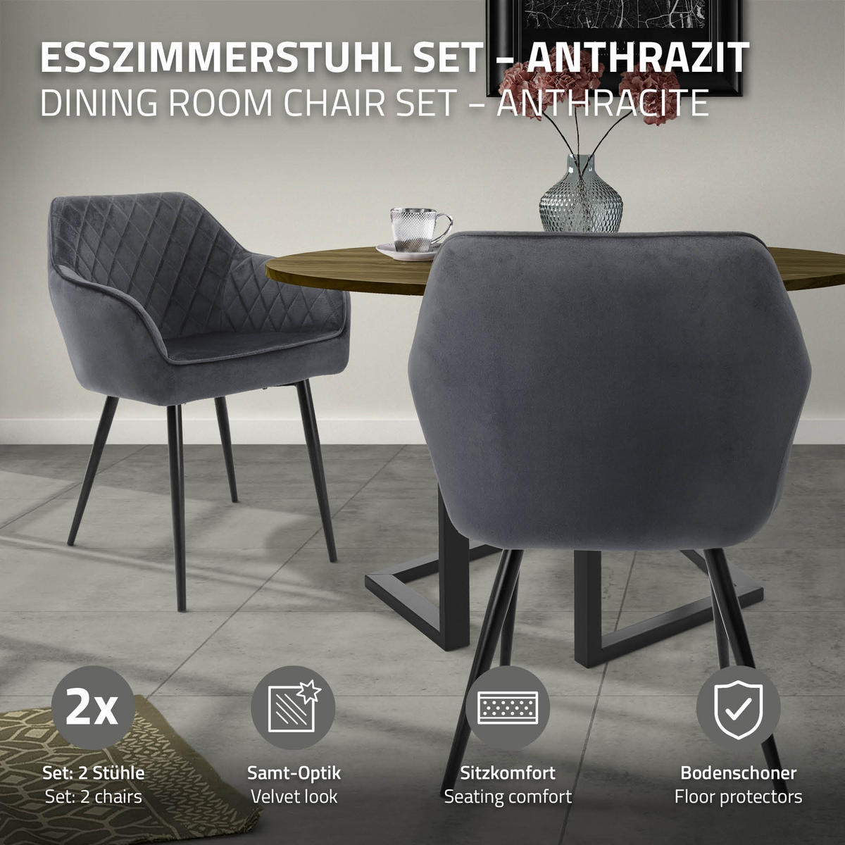 ESSZIMMERSTUHL 6er Set Anthrazit Samt - Anthrazit/Schwarz, Textil/Metall (63/80/60cm) - ML-DESIGN