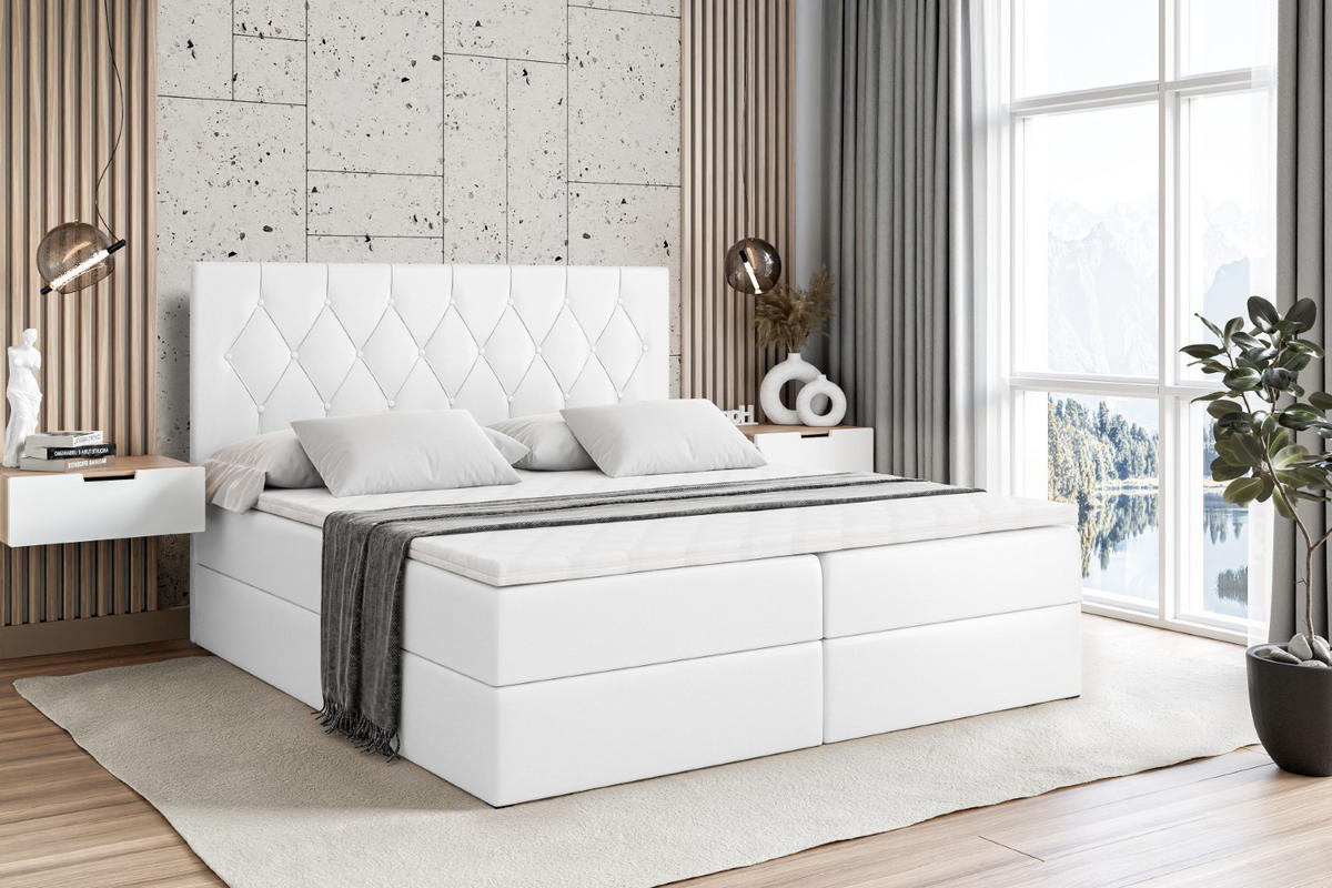 BOXBETT mit H4-Matratze und Lattenrost - VELANTO-BZ - 180x200 Ecru - Weiß Hochglanz, Holzwerkstoff (180/200cm) - ALTDECOR