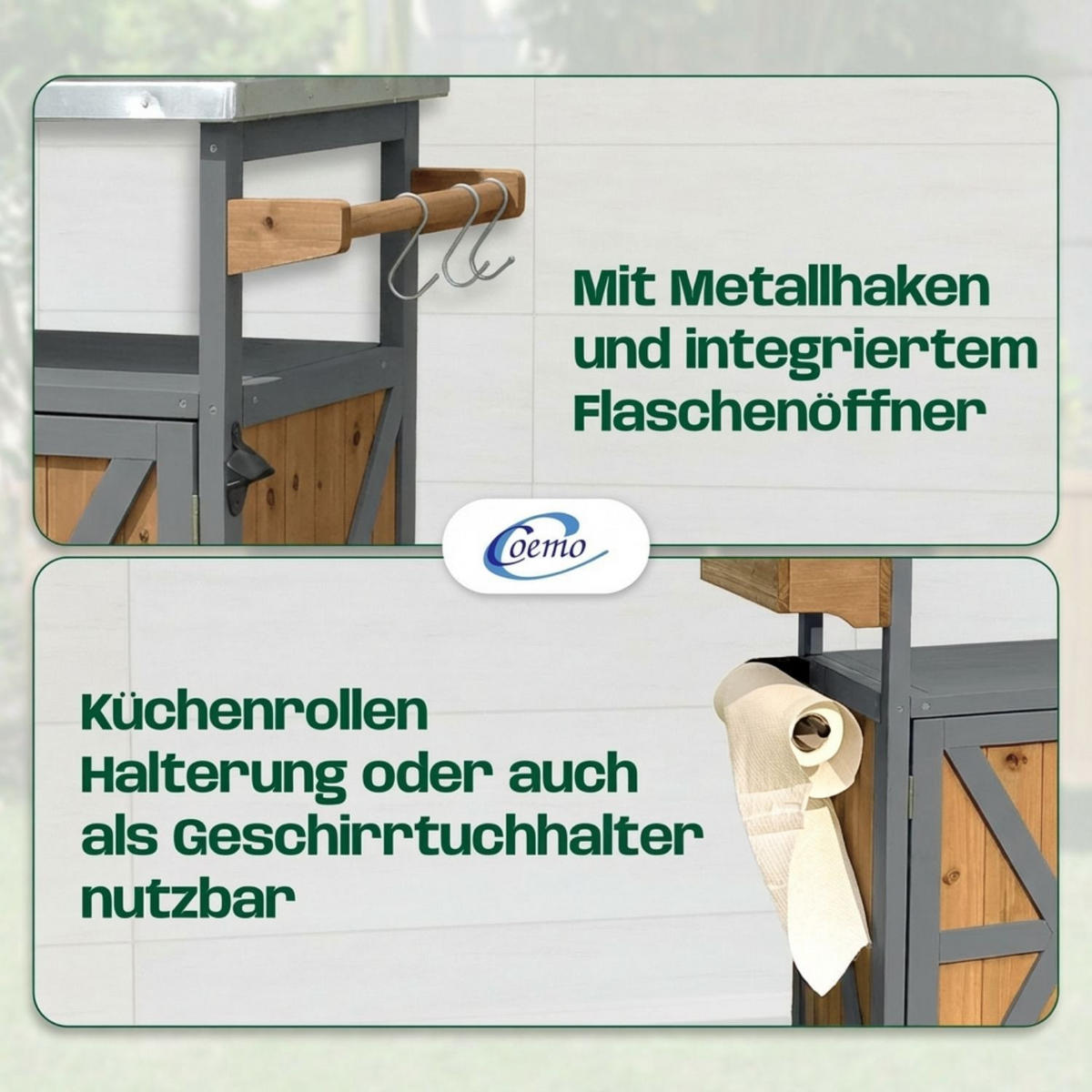 SERVIERWAGEN JAMES mit Rollen Outdoor 138/47/92 cm Farbe Grau - Grau, Holz (47/92/138cm) - Coemo