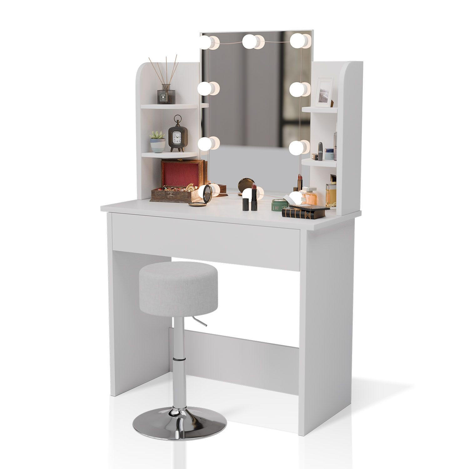 SCHMINKTISCH Zoey LED-Beleuchtung & Hocker Tonia - Weiß, Holz (40/140/90cm) - Juskys