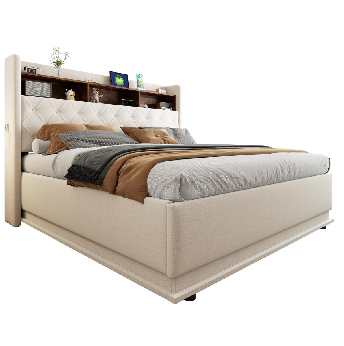 POLSTERBETT mit Leinenbezug 180x200 cm Beige mit LED-Beleuchtung, USB-Anschluss und Stauraum - Beige, Textil (180/200cm) - IVMEU