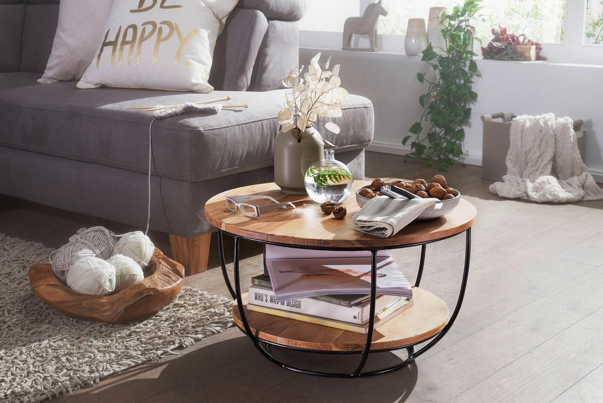 COUCHTISCH Industrial, Akazienholz mit schwarzen Edelstahlbeinen, handgefertigt - Beige/Schwarz, Holz/Metall (60/60/34cm) - KADIMA DESIGN