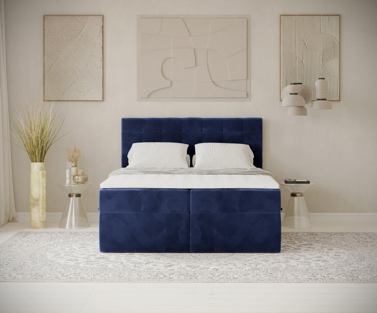 BOXBETT Sansa Marineblau 140/200 cm mit Taschenmatratze und Topper - Schwarz/Dunkelblau, Holz/Holzwerkstoff (140/200cm) - Maison de Reve