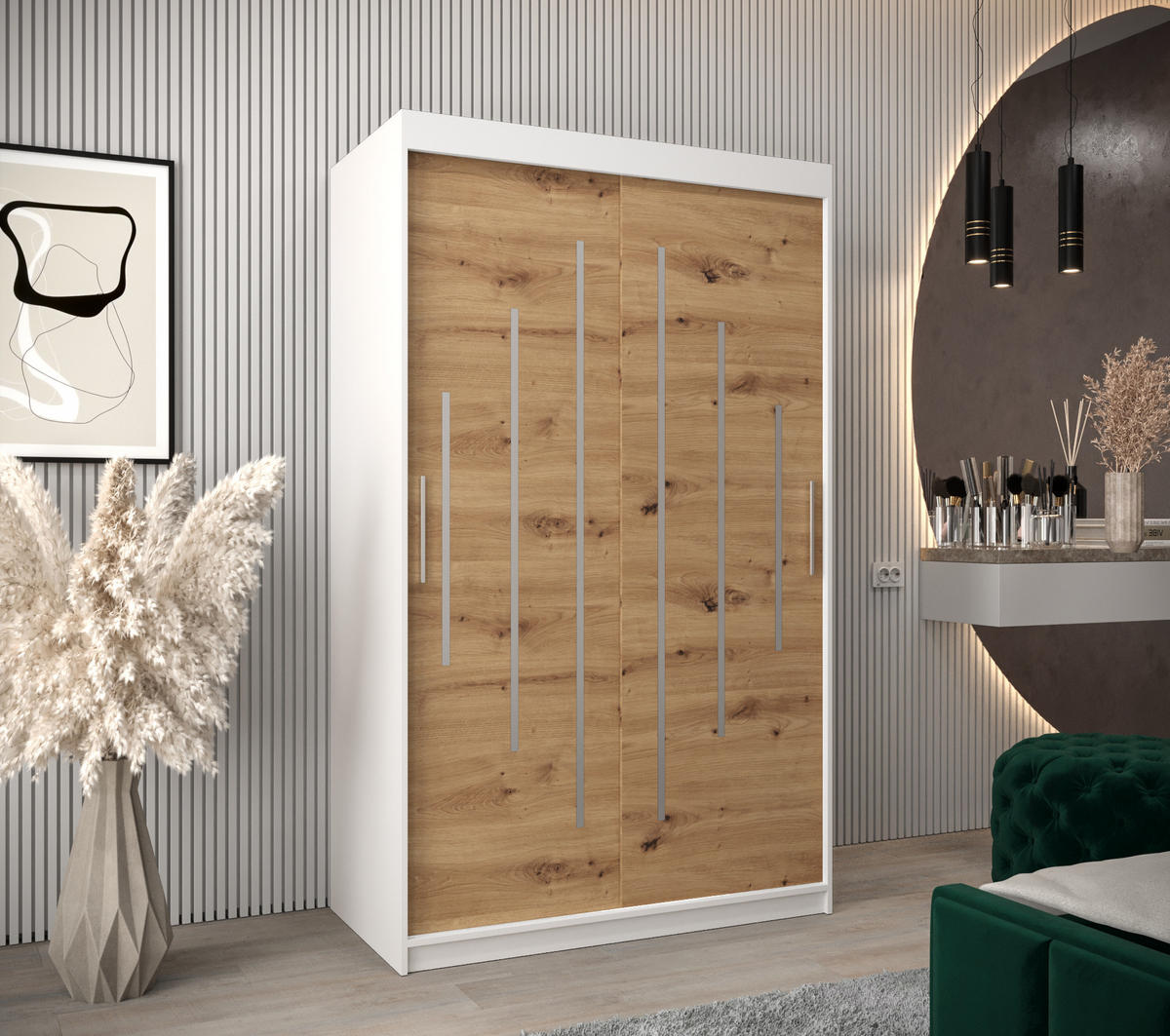 SCHWEBETÜRENSCHRANK 200/120/62 2-türig - Silberfarben/Eiche Artisan, Holz/Kunststoff (120/200/62cm) - Abiks Möbel