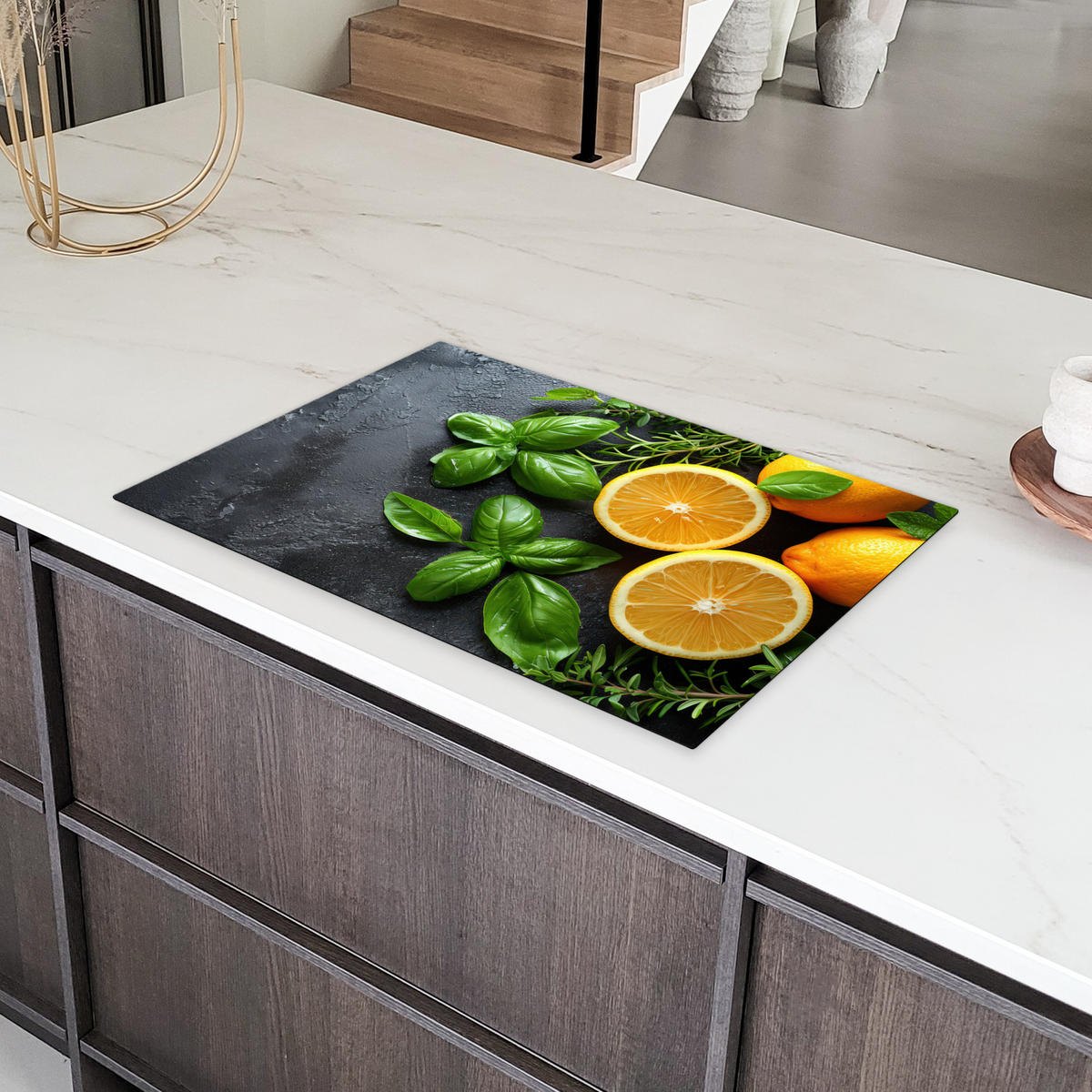 HERDABDECKPLATTE Obst - Grau - Konkret - Orange - Pflanzen Ceranfeldabdeckung 80x52 cm - Anthrazit, Kunststoff (80/52/0.2cm) - MuchoWow