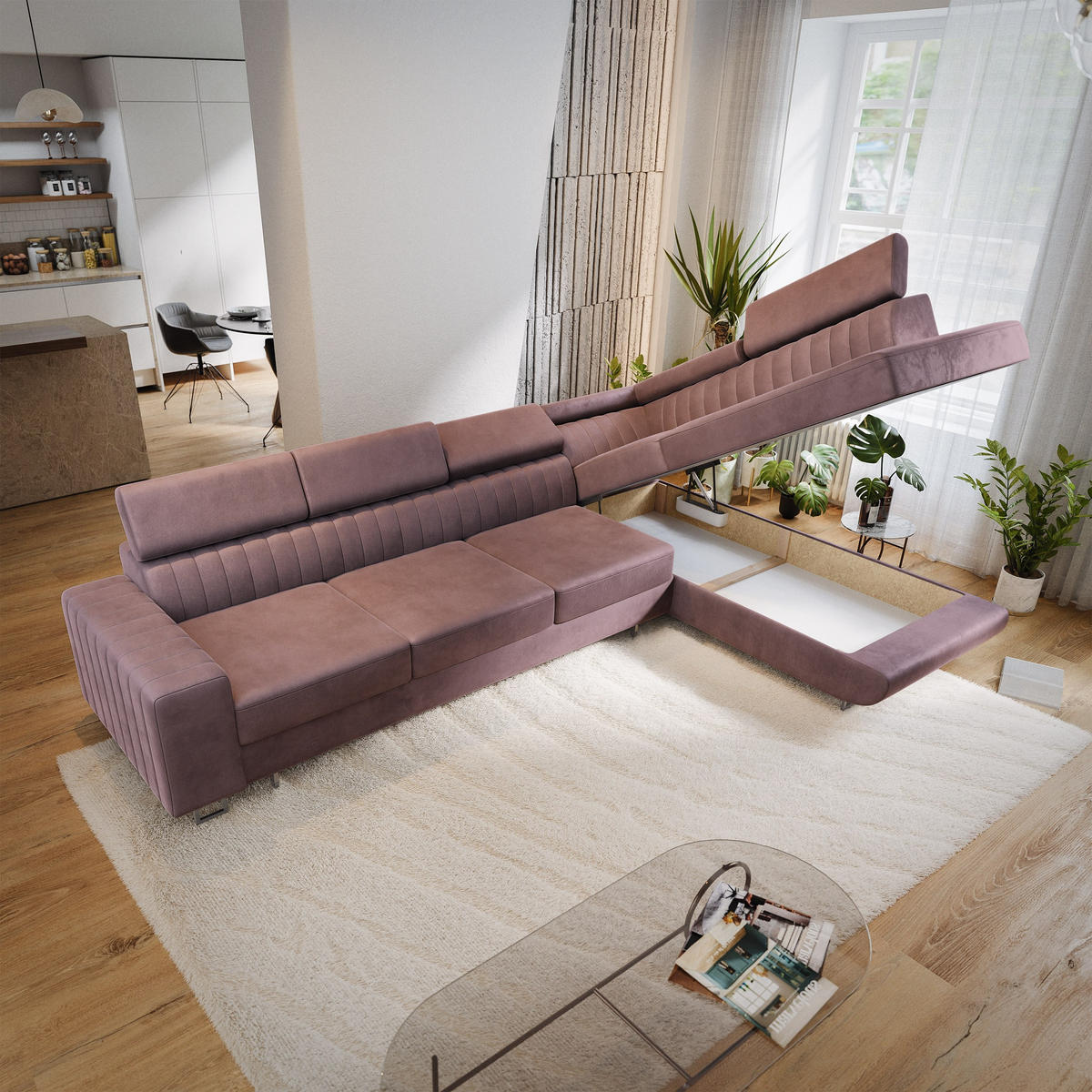 ECKSOFA HESTION Lila Velours-Stoff mit Schlaffunktion - Lila, Holz (332/190cm) - MASSENO