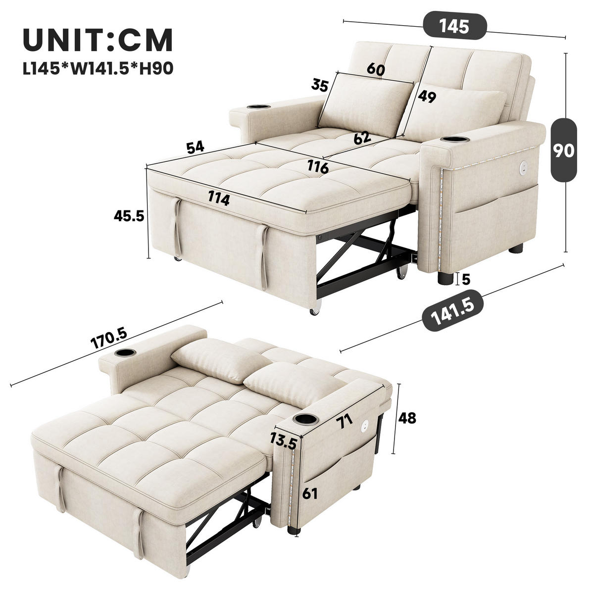 SCHLAFSOFA 2-Sitzer, Beige, Chenille, LED, USB/Type-C - Beige, Textil (141.5/90/145cm)
