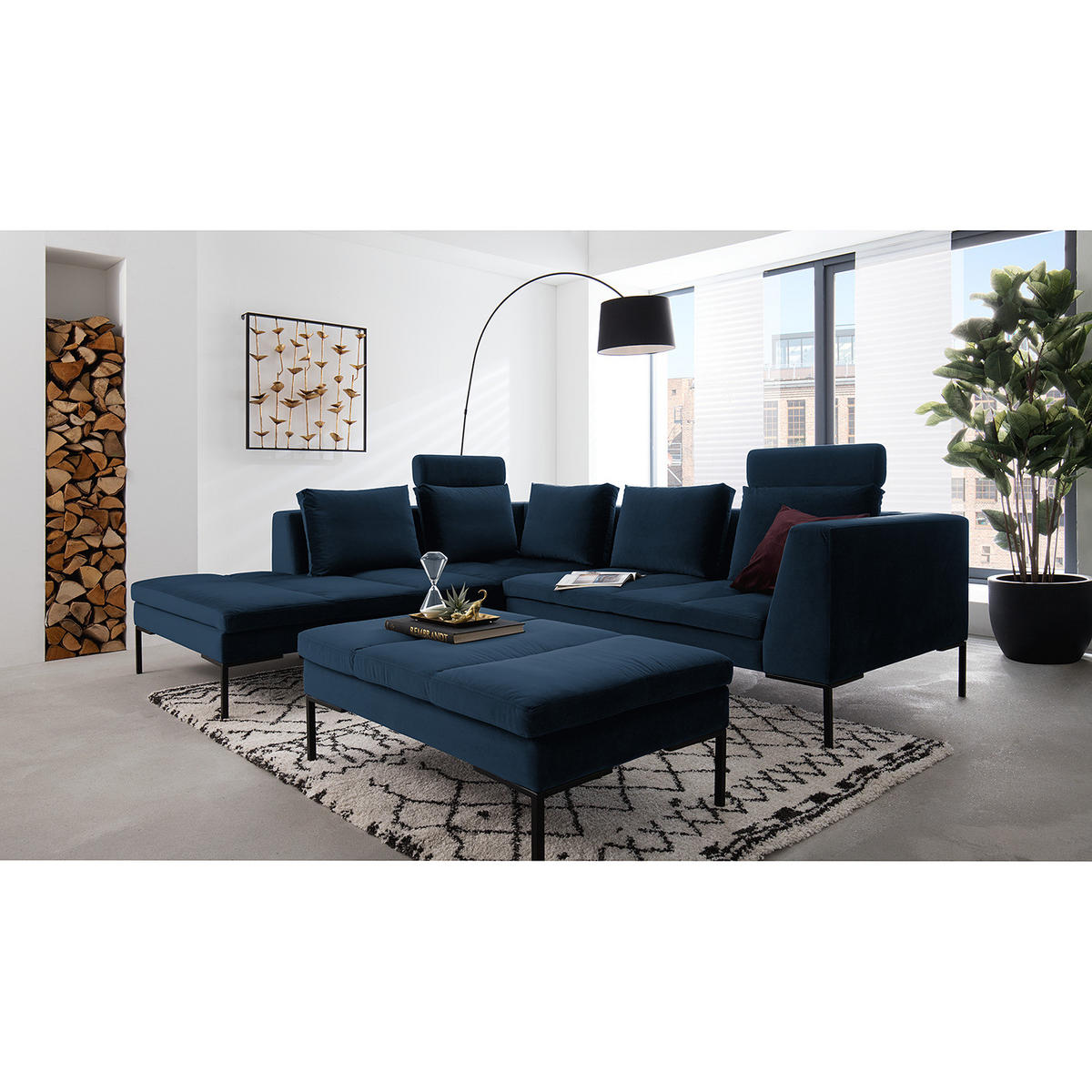 ECKSOFA mit Ottomane - Schwarz/Dunkelblau, Textil/Metall (255/230cm) - home24