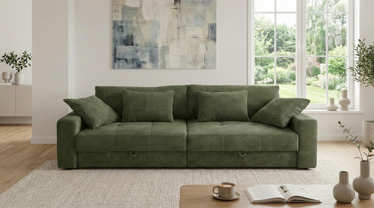BIG-SOFA mit 2 Bettkästen, viel Stauraum, B274/T113/H84 cm, Liegefläche 103x241 cm, Cord Grün / 15262 - Grün, Kunststoff/Textil (284/84/113cm) - luma-home