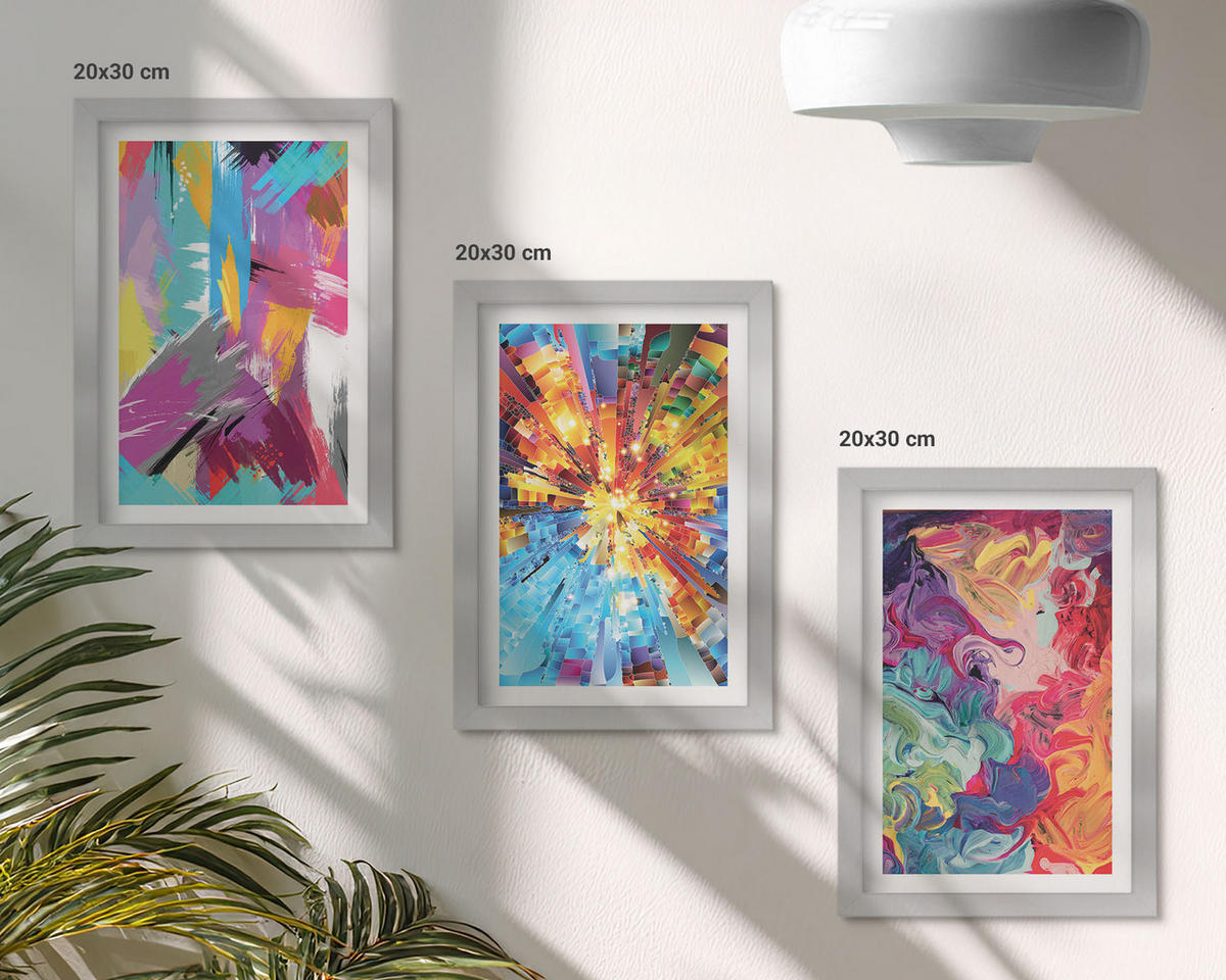 BILDER SET 3er Set - 20x30 cm Silberner Rahmen - Bunte abstrakte Farbmuster - Silberfarben, Kunststoff (20/30cm) - TULUP