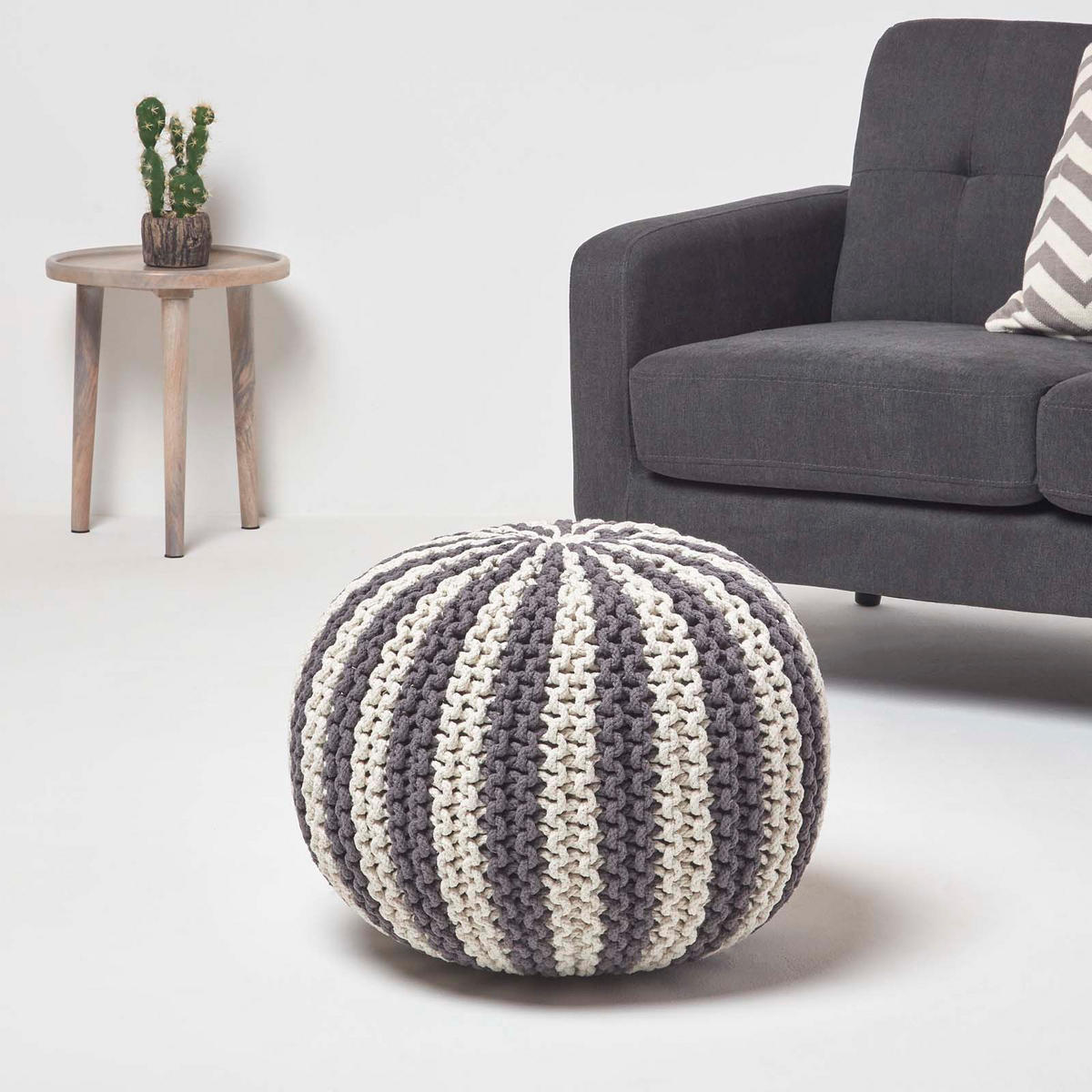 STRICKPOUF rund, grau-creme gestreift, 50/50/40 cm - Grau, Textil (50/40/50cm) - Homescapes