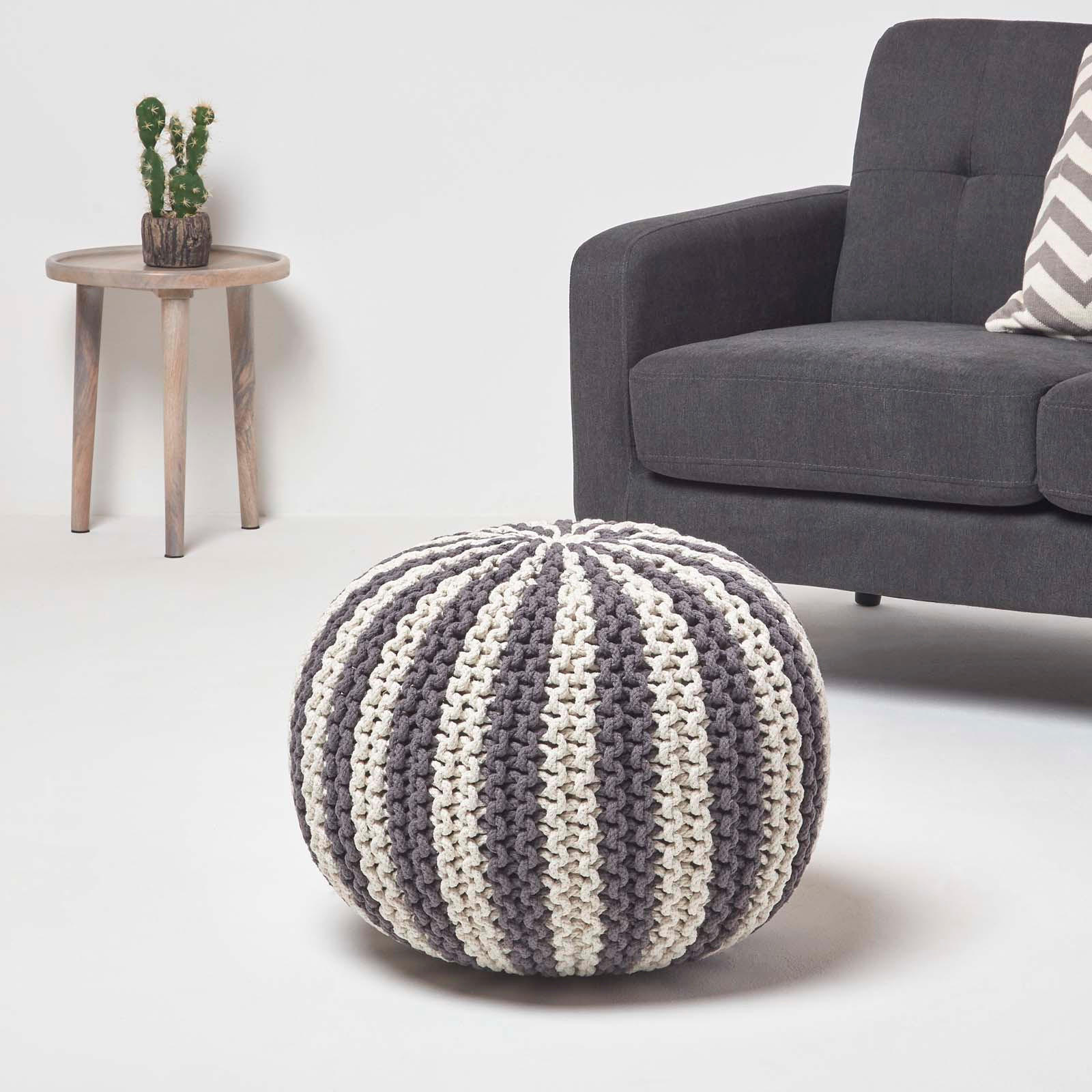 Thumbnail - Homescapes Strickpouf, Grau, Textil, Gestreift, Rund, 50x40x50 cm, Wohnzimmer, Hocker, Poufs