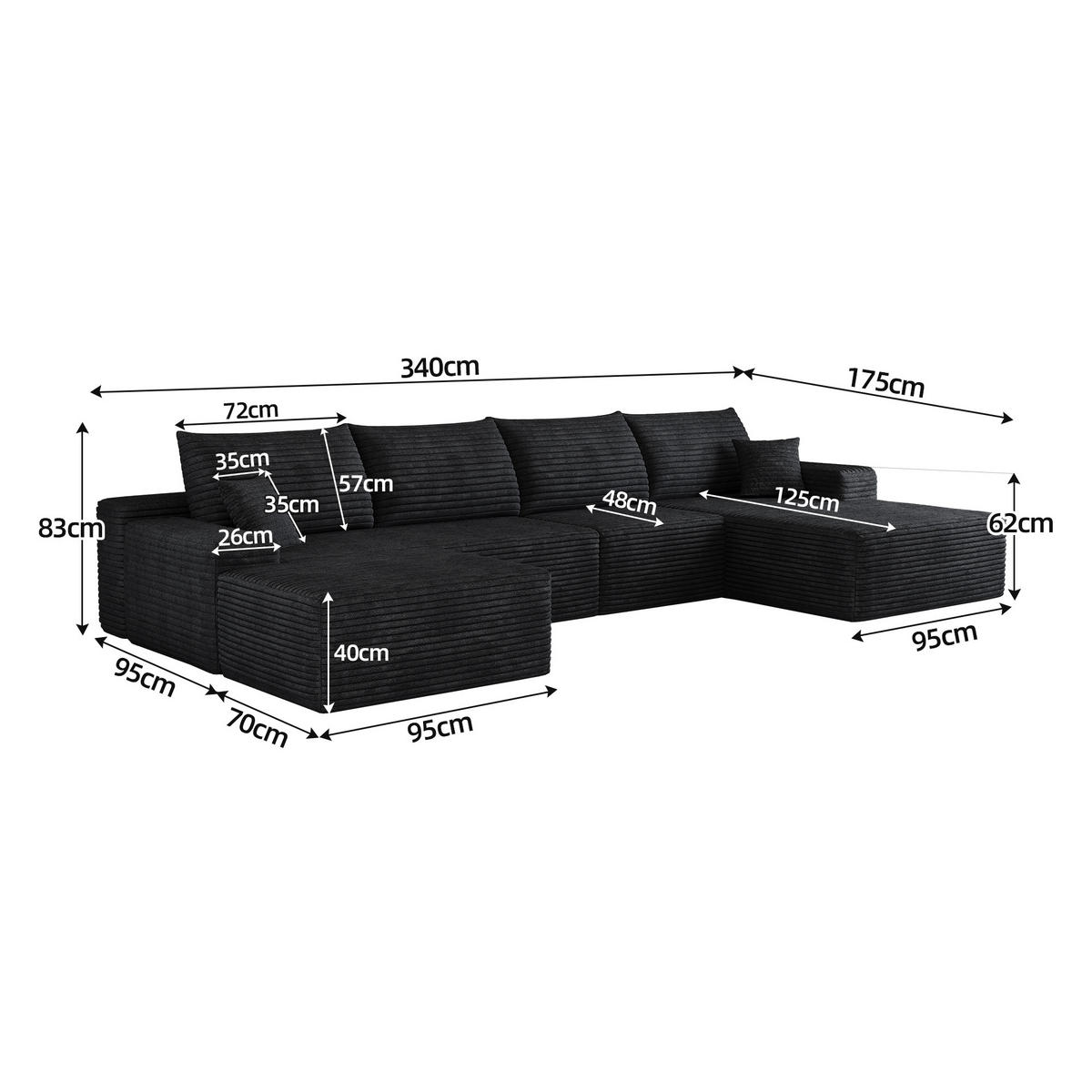 WOHNLANDSCHAFT DE-34857 U-Form 3-Sitzer Chaiselongue rechts Schwarz - Schwarz, Textil (175/83/270cm) - ComfortXL