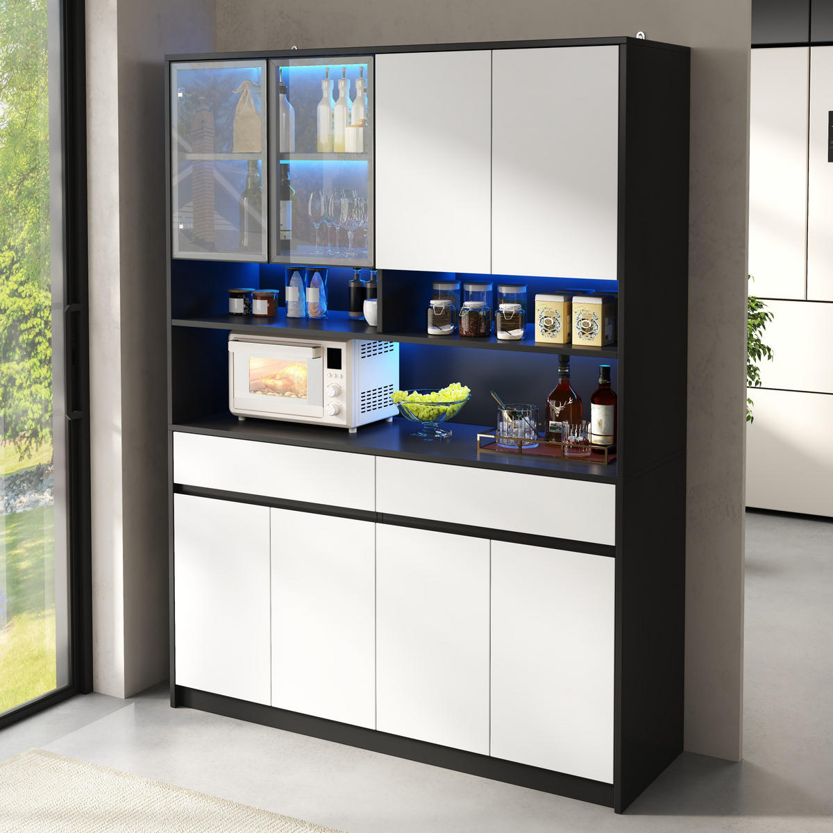 BUFFET Hochschrank mit LED-Glasfach, offenen Ablagen und App-Steuerung - Weiß, Holzwerkstoff (38/160/120cm) - Korfee
