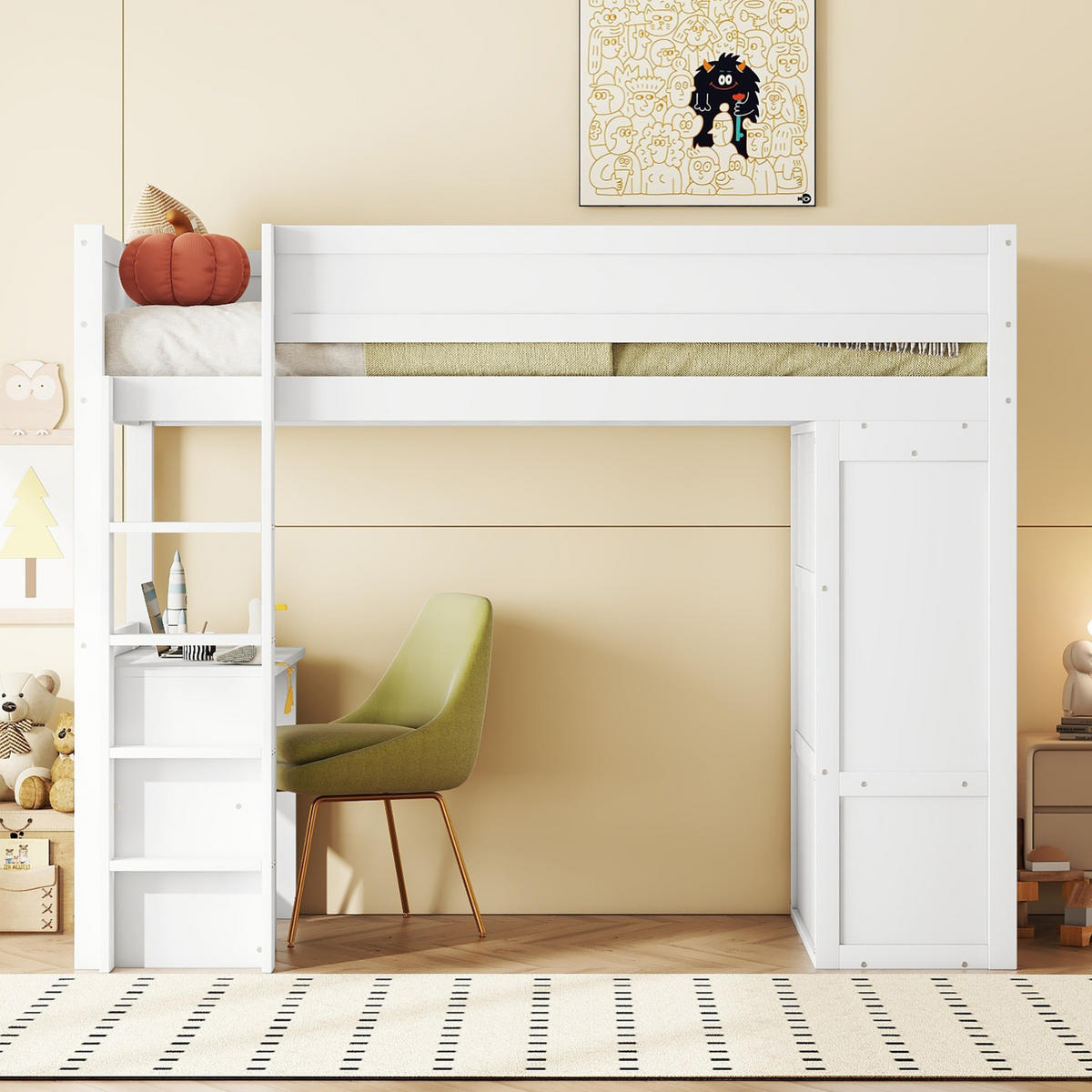 HOCHBETT 90/200 cm weiß mit Schreibtisch und Kleiderschrank - Weiß, Holz (90/200cm) - OKWISH