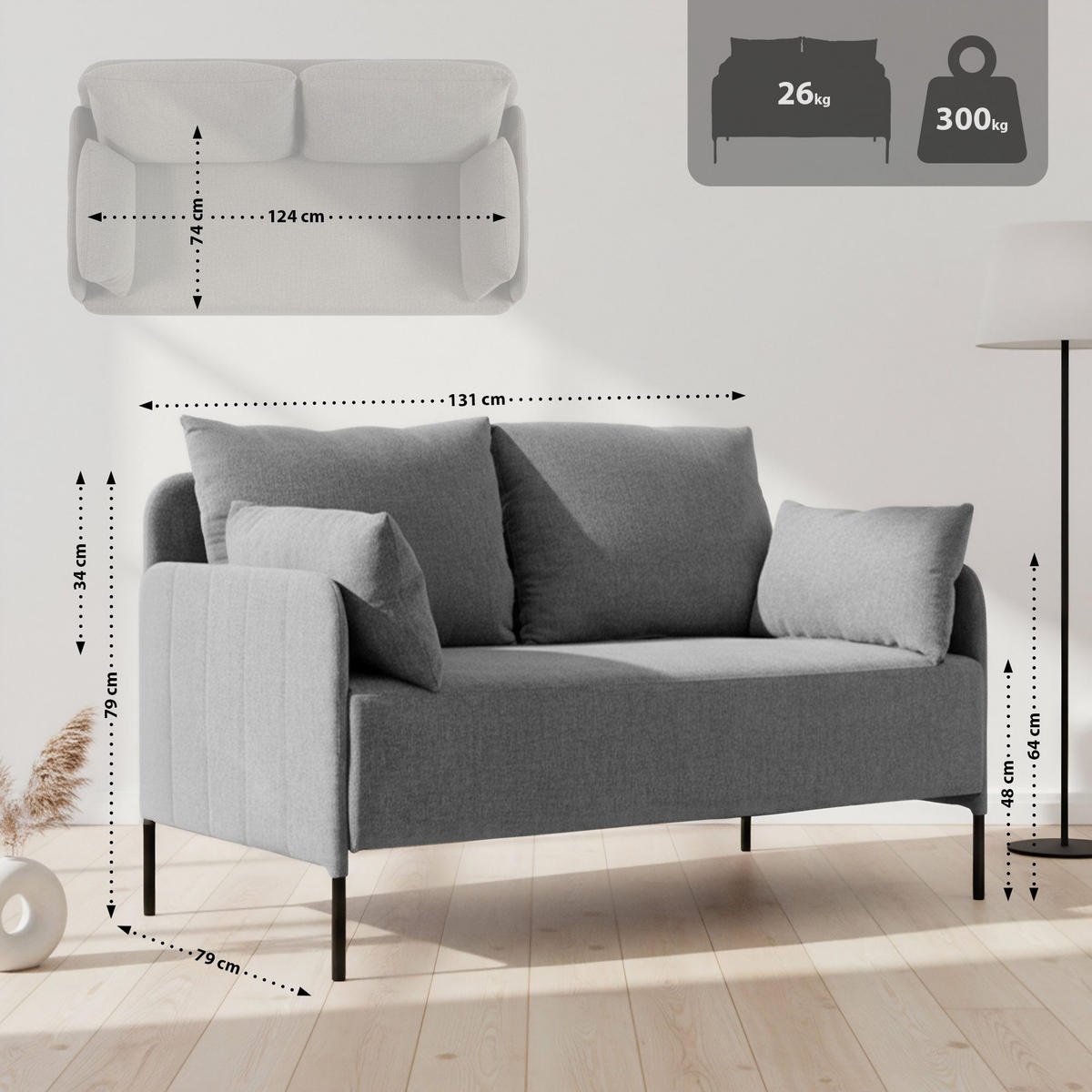 COUCH Bernd 2-Sitzer Stoff 131x79x79cm Stoff Hellgrau Sofa - Hellgrau, Kunststoff (131/79/79cm) - DELUKE