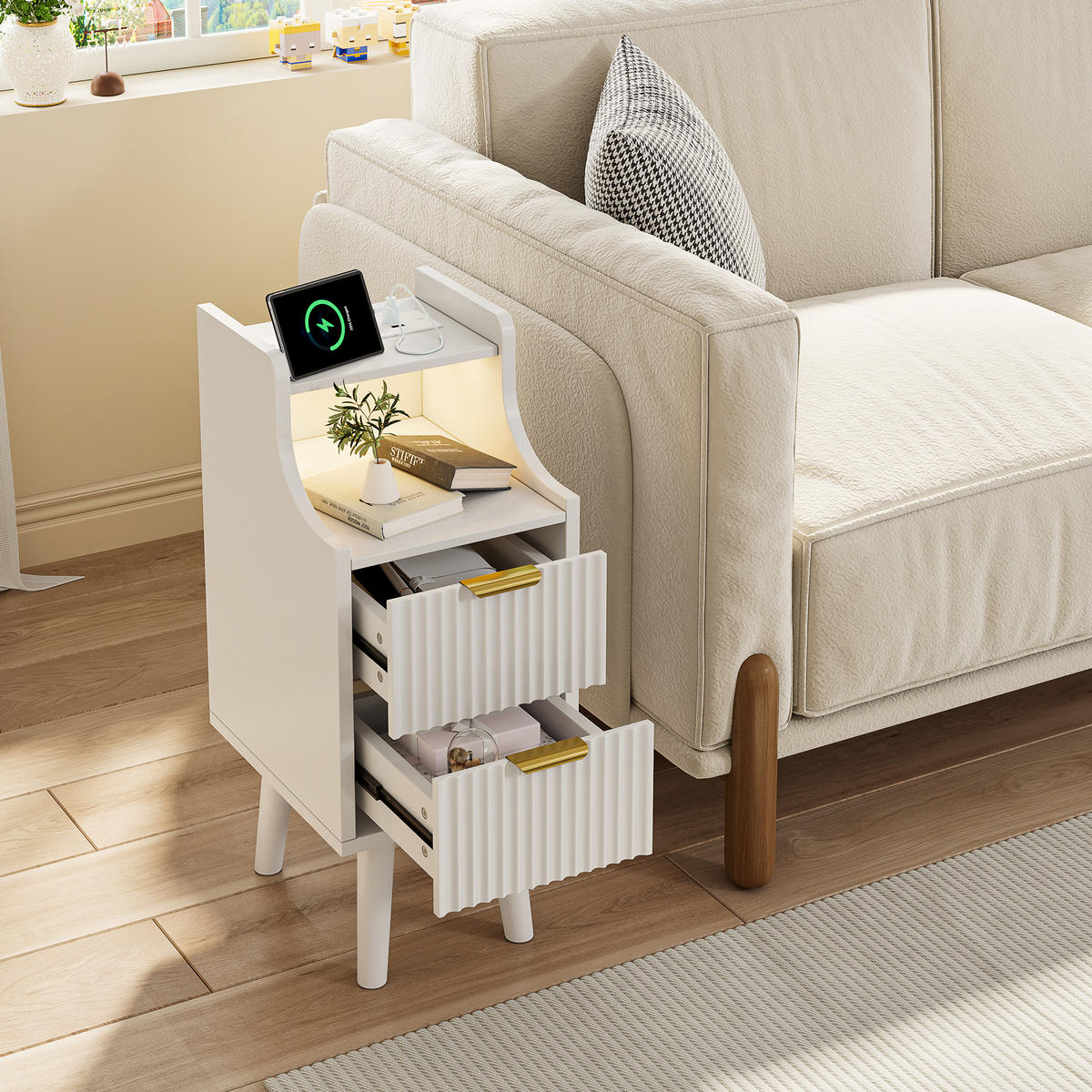 NACHTTISCH 2er-Set mit LED, Steckdose & USB, 2 Schubladen, Weiß, MDF - Weiß, Holz (25/76/30cm)