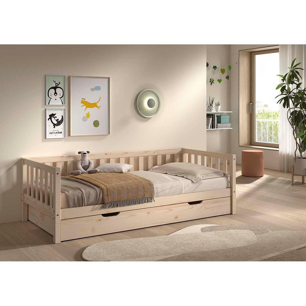 TAGESBETT Kapua 90x200 mit Bettschublade Kiefer Massivholz Natur - Kieferfarben, Holz (90/200cm) - 58aufmkessel